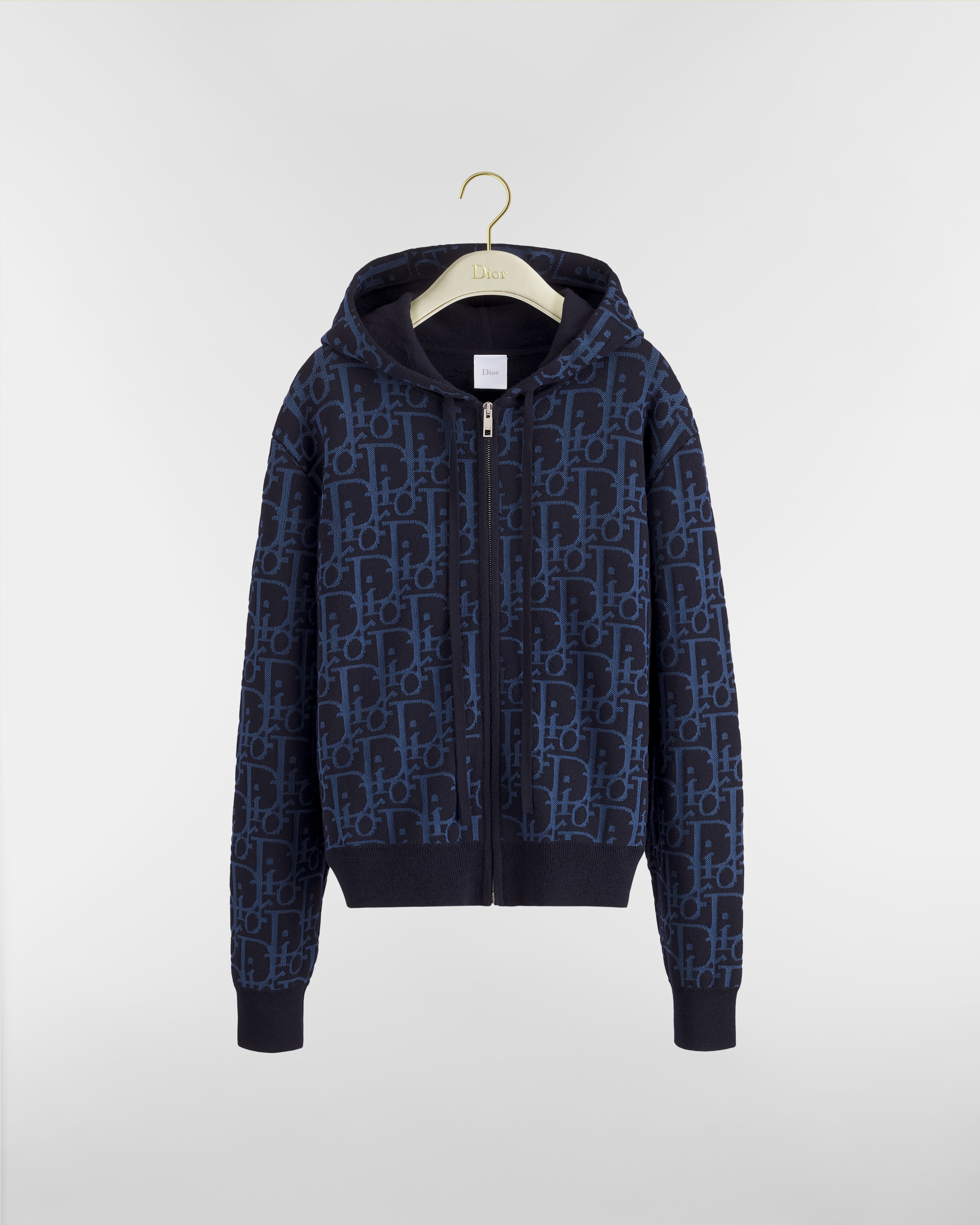 Cardigã com capuz e zíper Jacquard com mescla de lã azul-marinho com motivo Dior Oblique E01