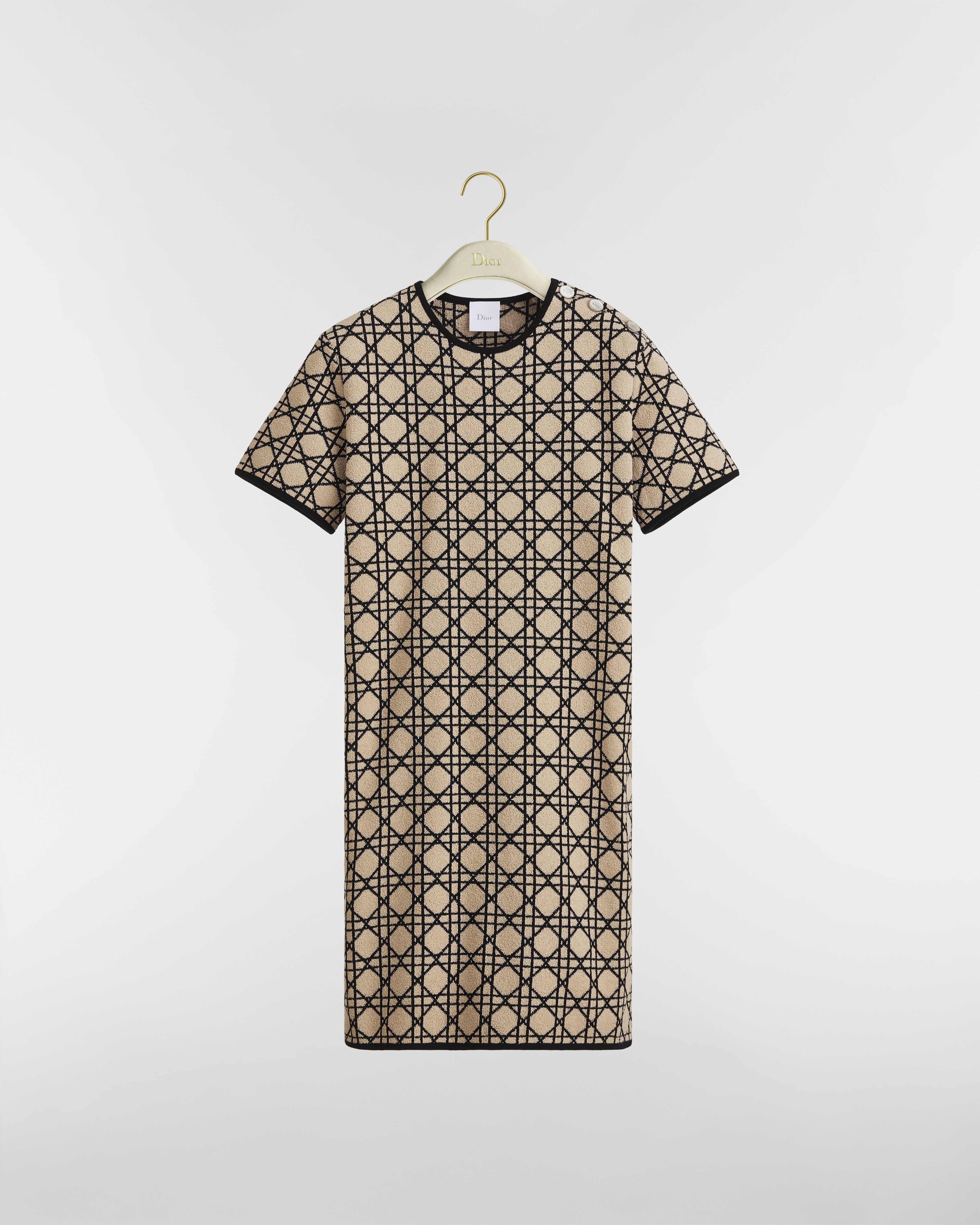 Korte jurk met Macrocannage-motief Beige en zwarte tweed E01
