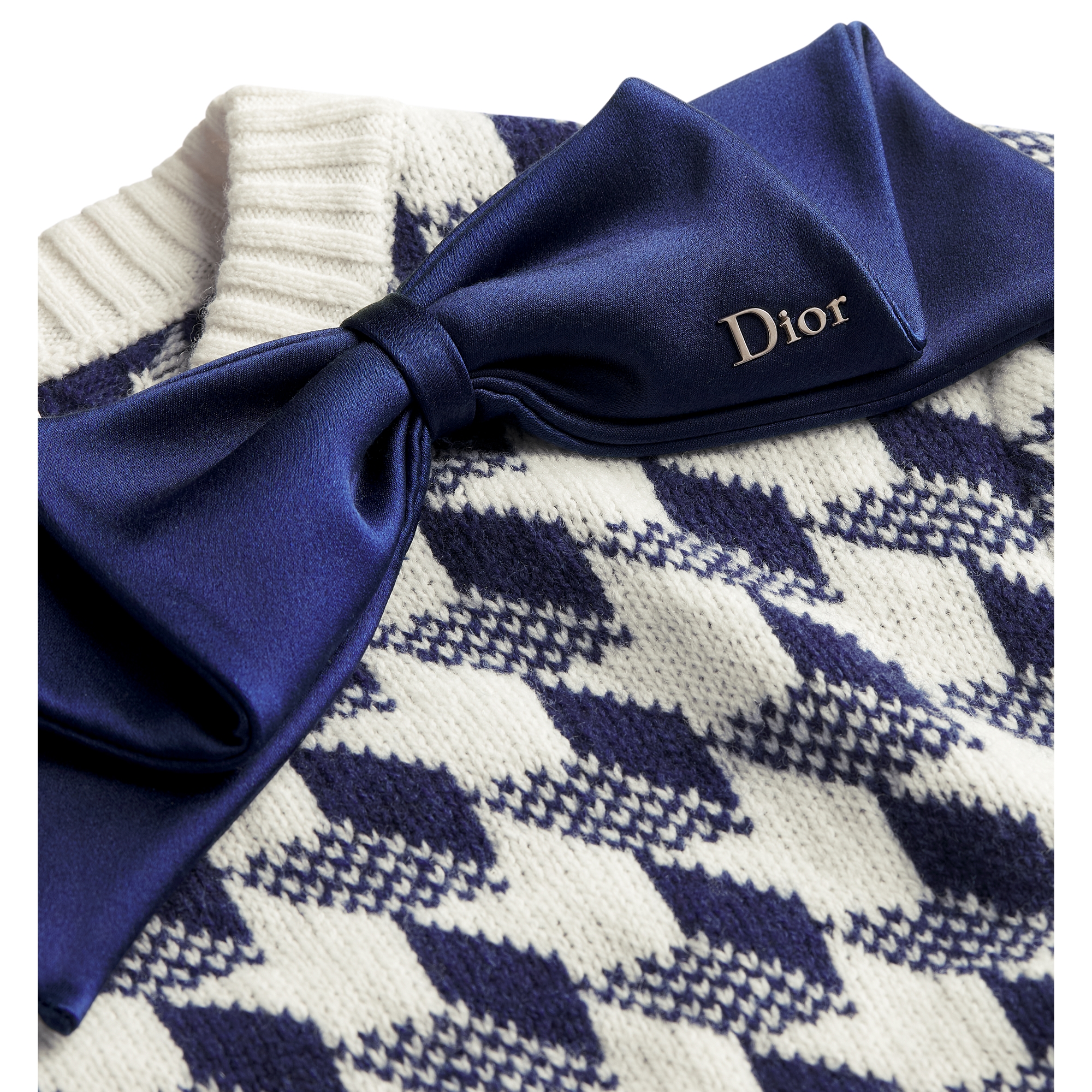 Cropped Sweater Navy Blue and White Houndstooth Wool Knit E09