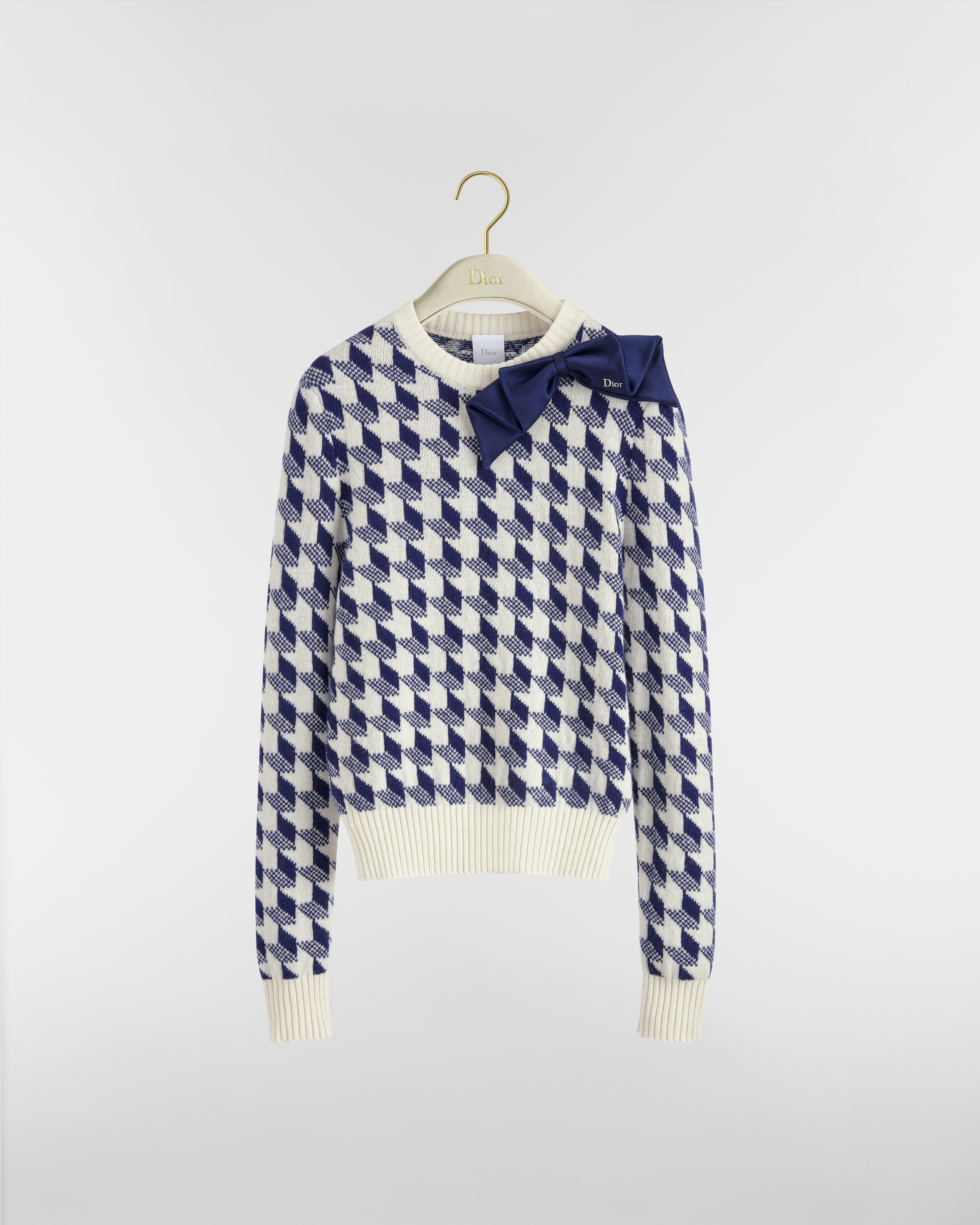 短版毛衣 海軍藍和白色千鳥格紋羊毛針織 E01