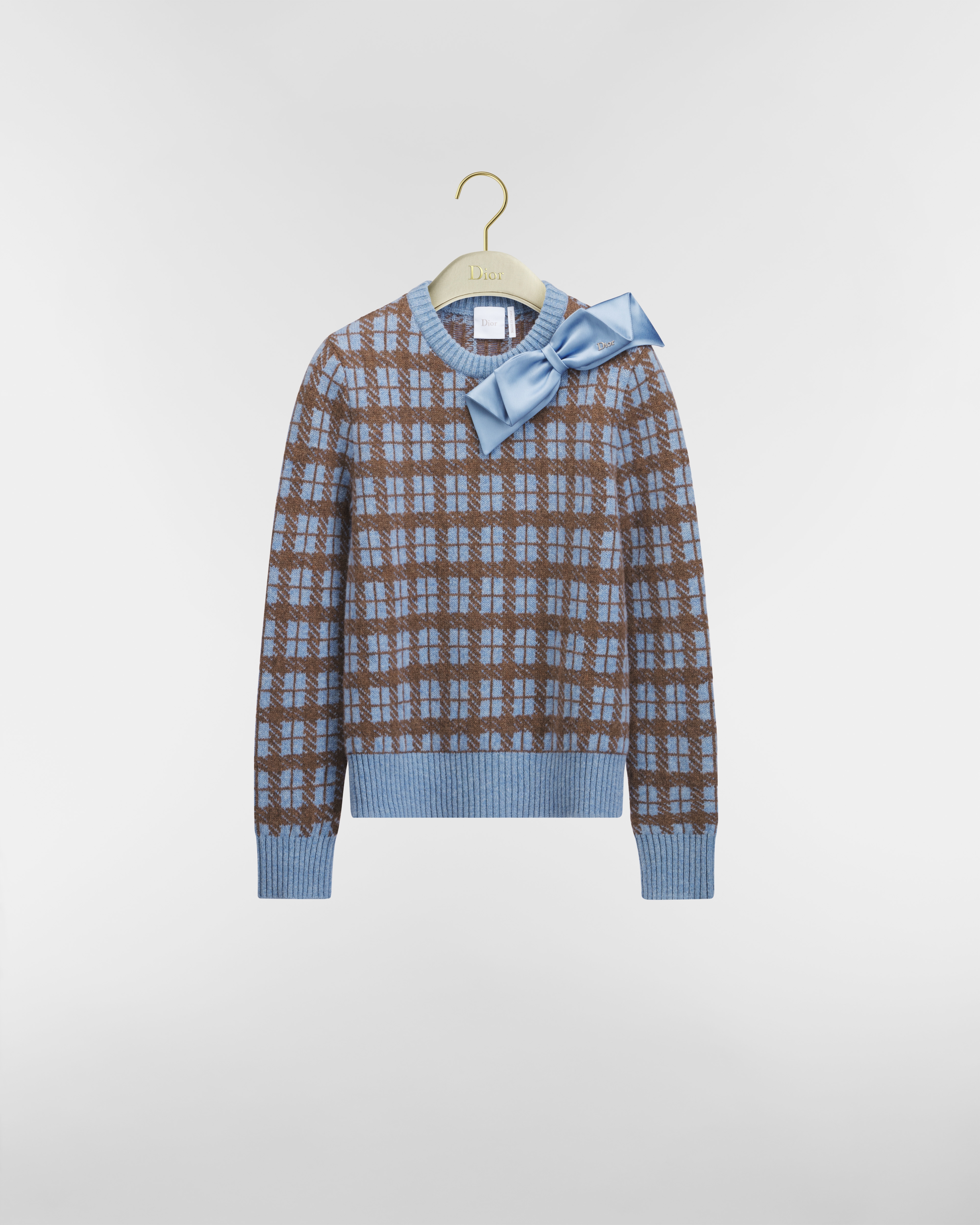크롭 스웨터 블루 & 브라운 체크 앤 디올 울 니트 E01