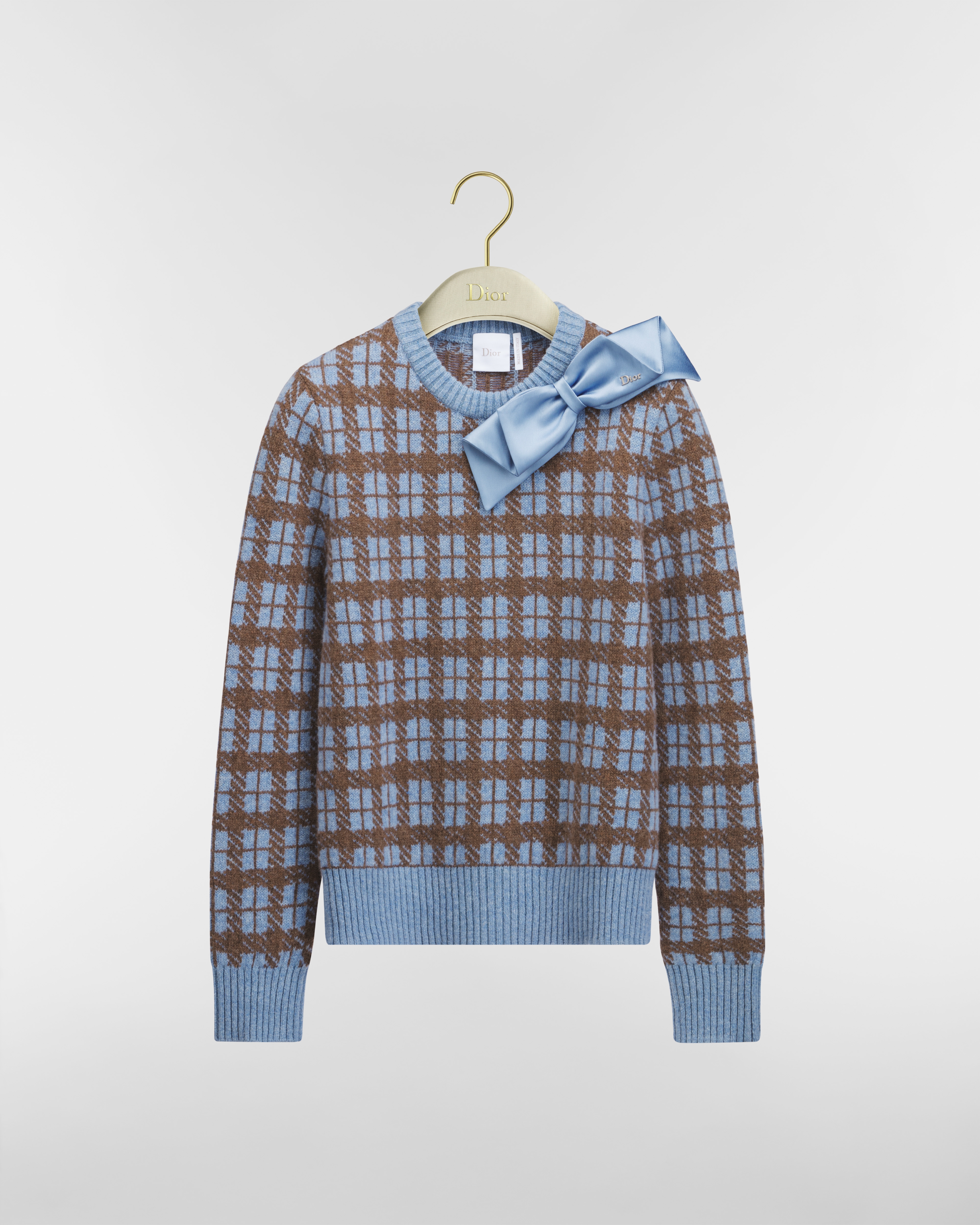 크롭 스웨터 블루 & 브라운 체크 앤 디올 울 니트 E01