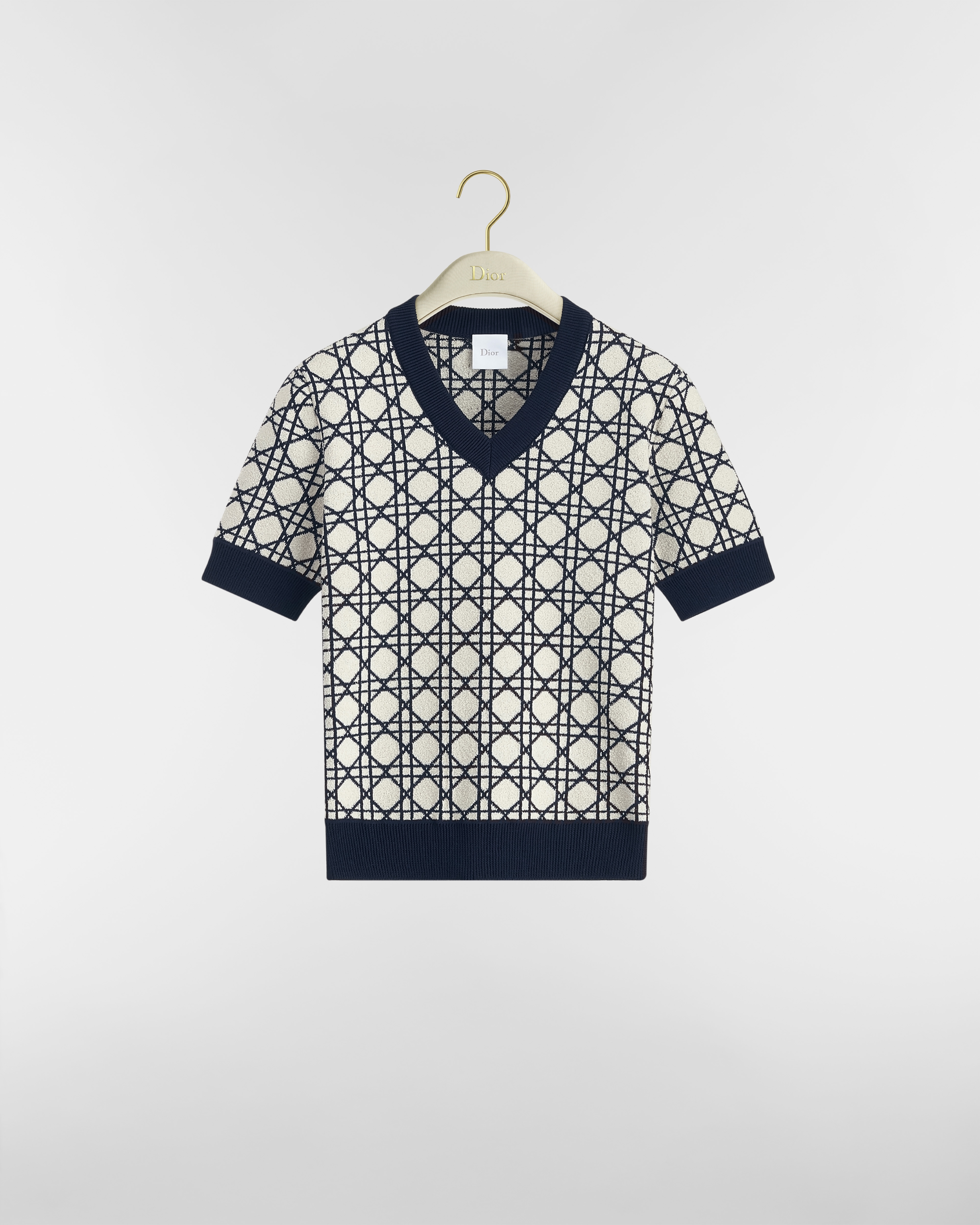 Trui met korte mouwen en Macrocannage-motief Marineblauw en wit tweed E01
