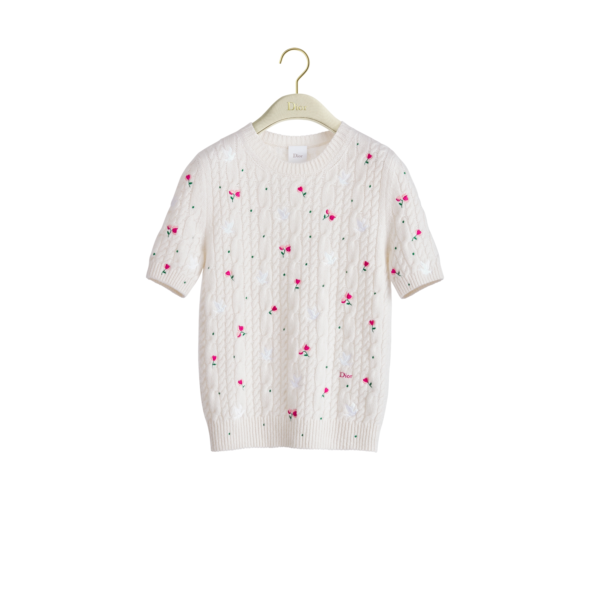 Dioramour Embroidered Short-Sleeved Sweater Ecru Cashmere Cable-Knit with Multicolor Doves & Roses Motif E01