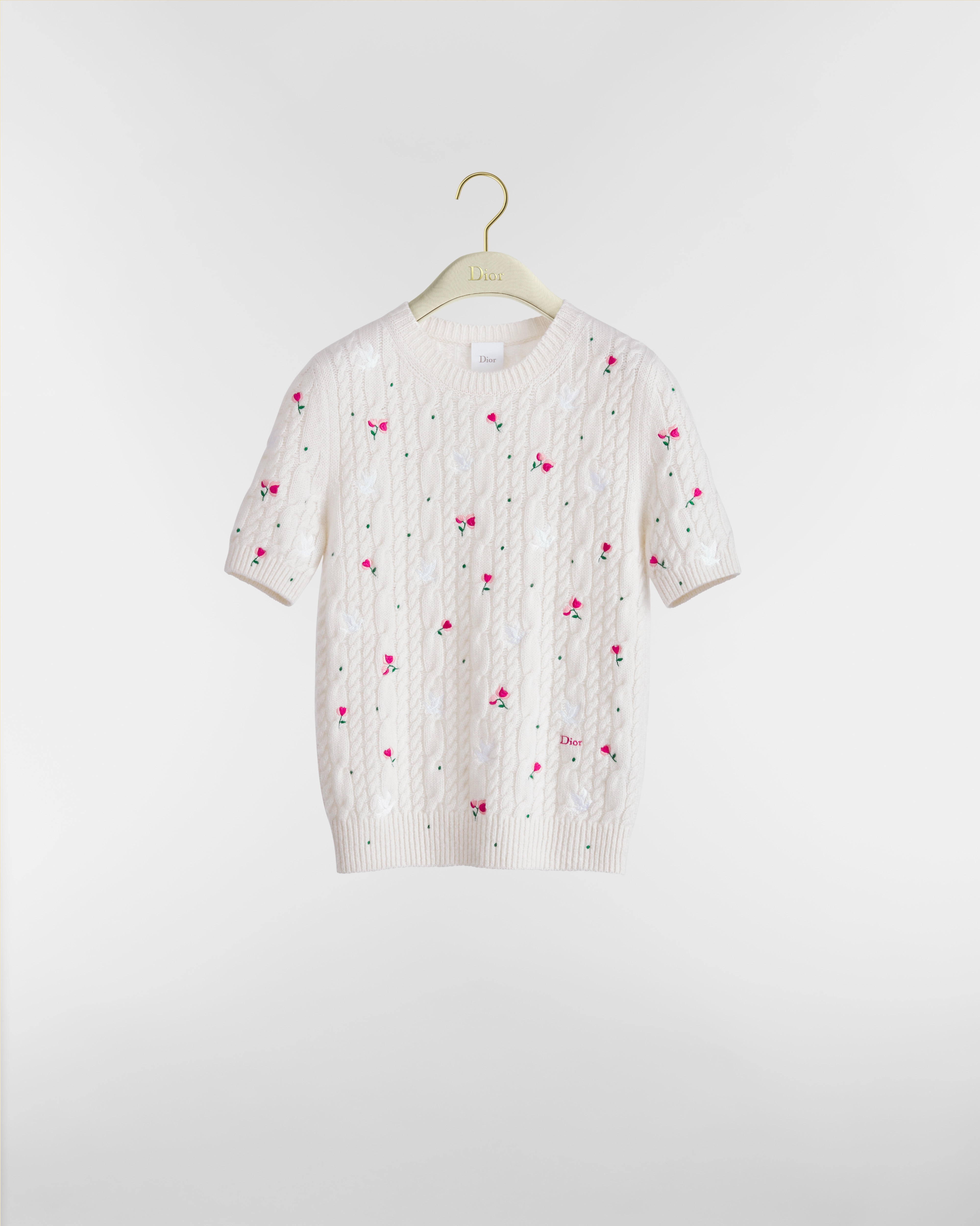 Dioramour Embroidered Short-Sleeved Sweater Ecru Cashmere Cable-Knit with Multicolor Doves & Roses Motif E01
