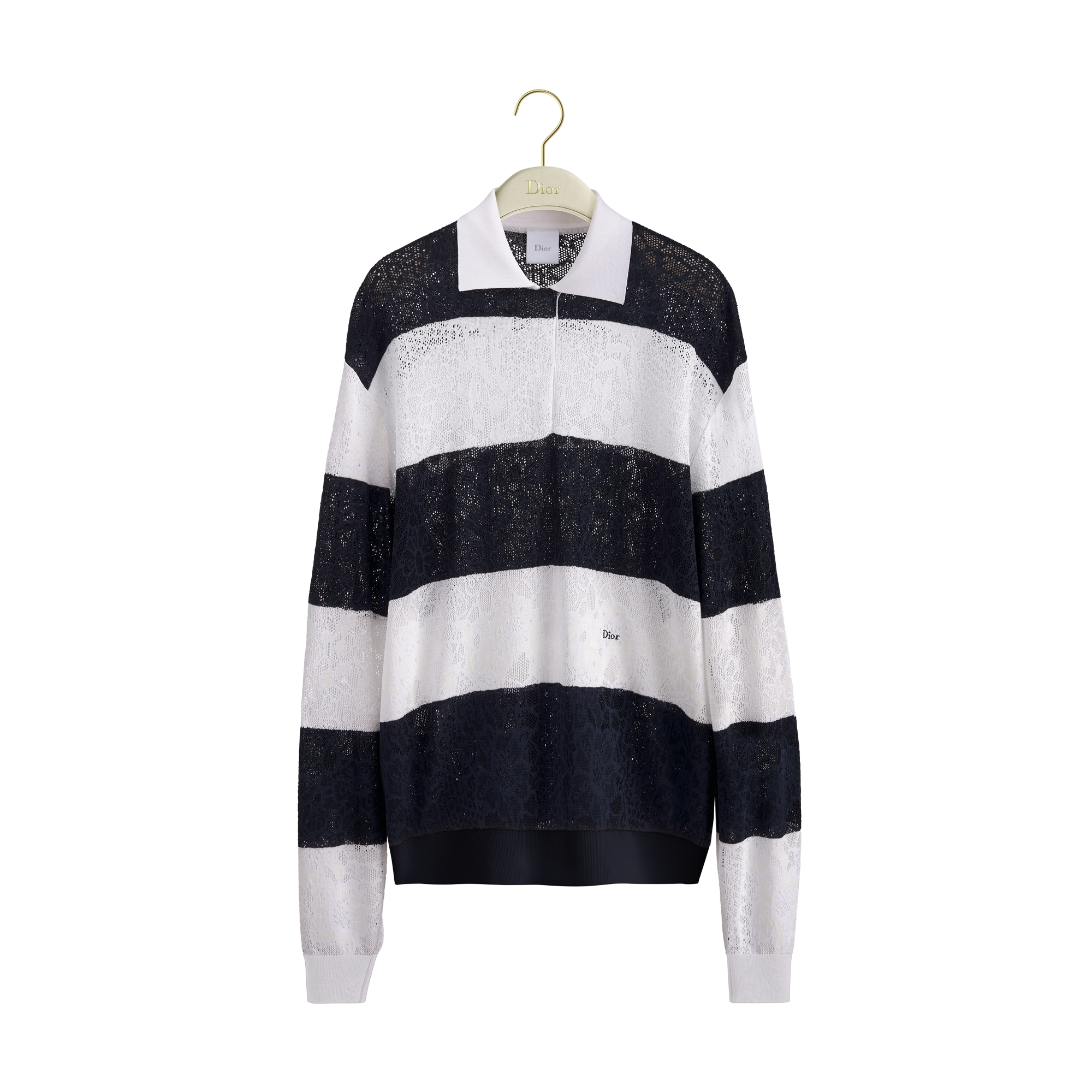 Dior Marinière Long-Sleeved Polo Shirt Navy Blue and White Technical Lace E01