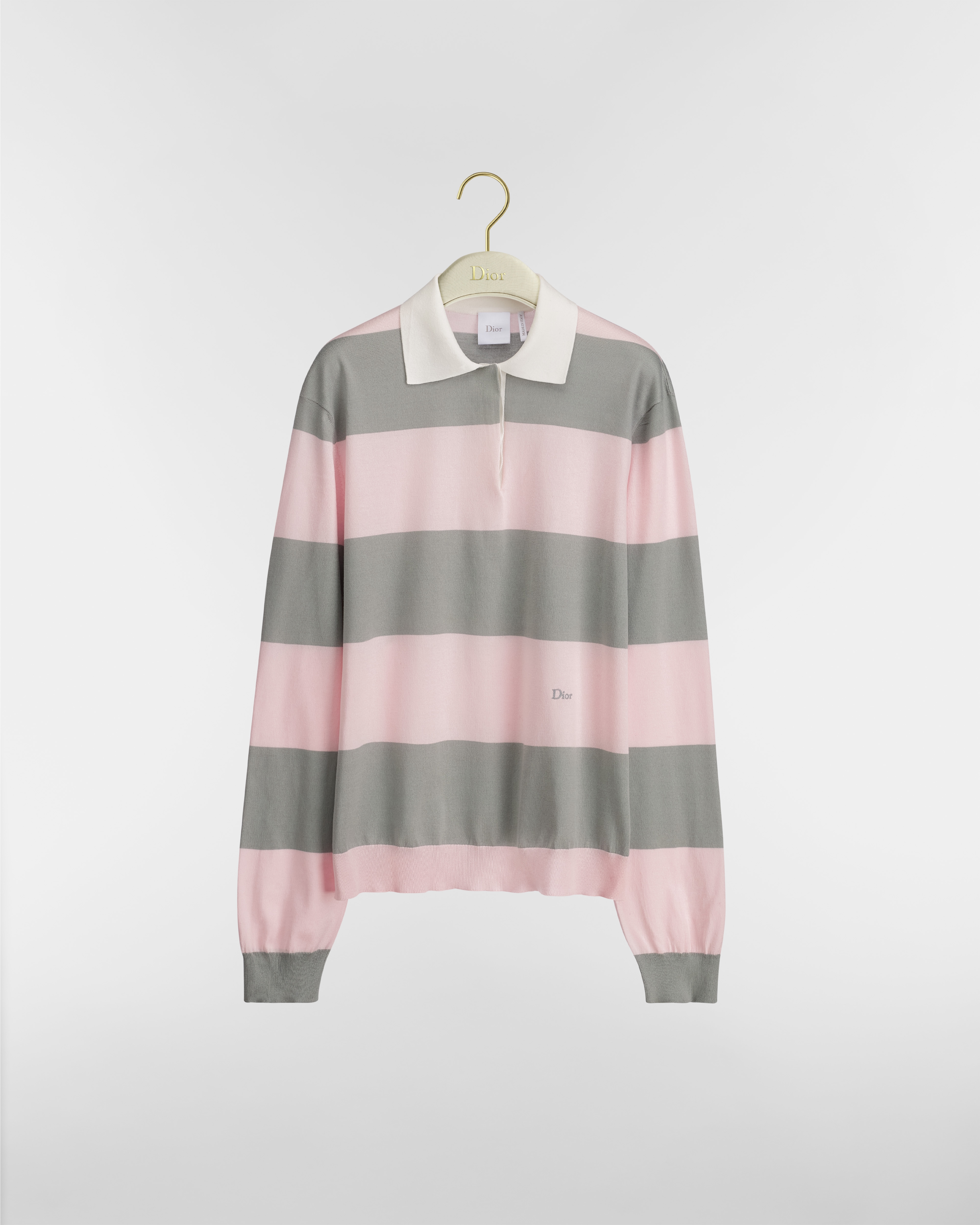 Dior Marinière Long-Sleeved Polo Shirt Gray and Pink Cotton Knit E01