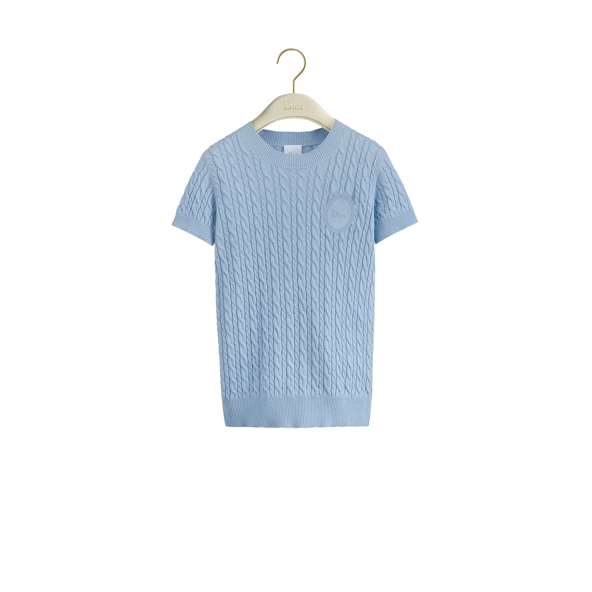 Dior Médaillon Short-Sleeved Sweater Blue Cotton and Wool Cable-Knit E01