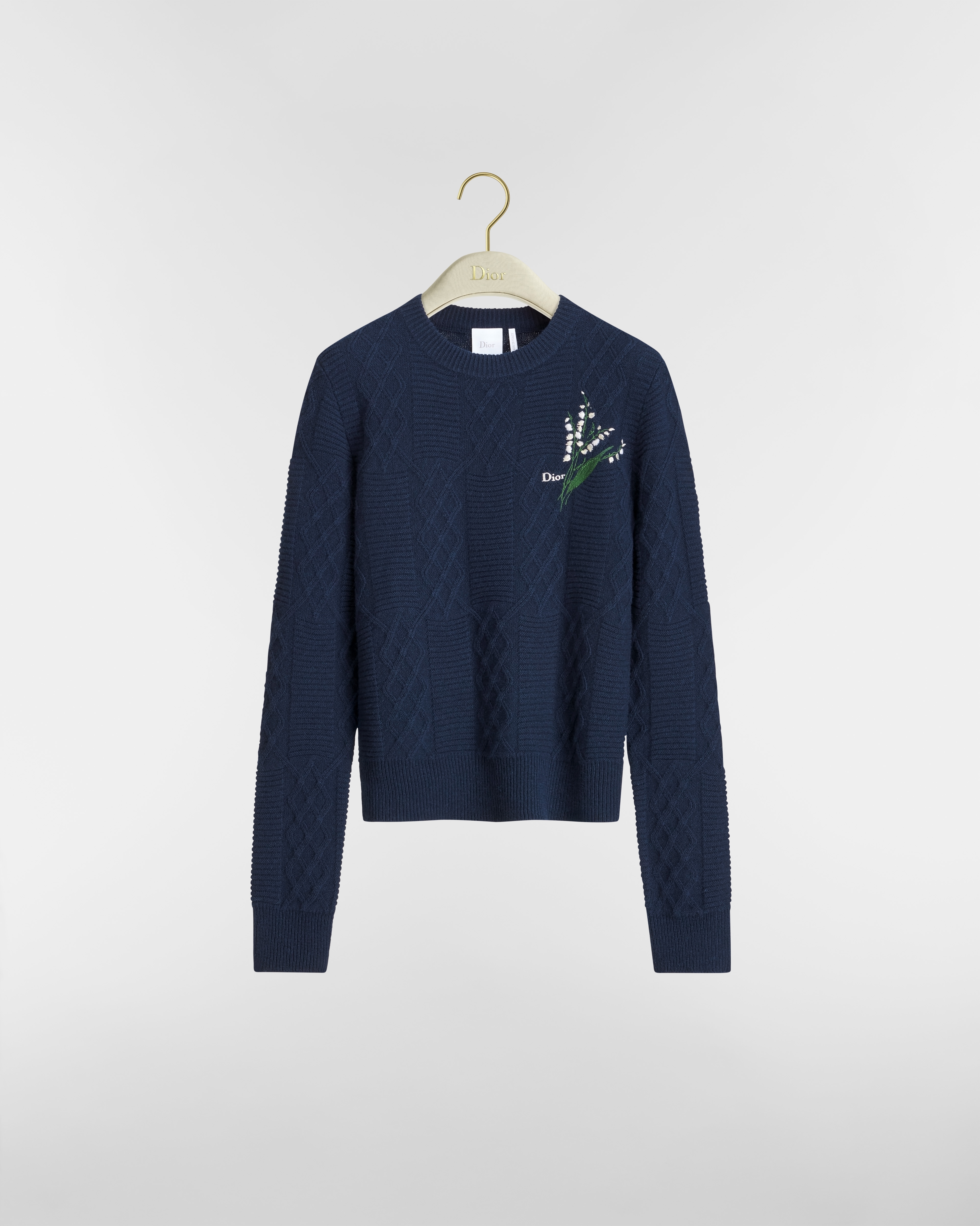 Suéter entallado bordado Punto trenzado Lily of the Valley de lana y alpaca azul marino E01