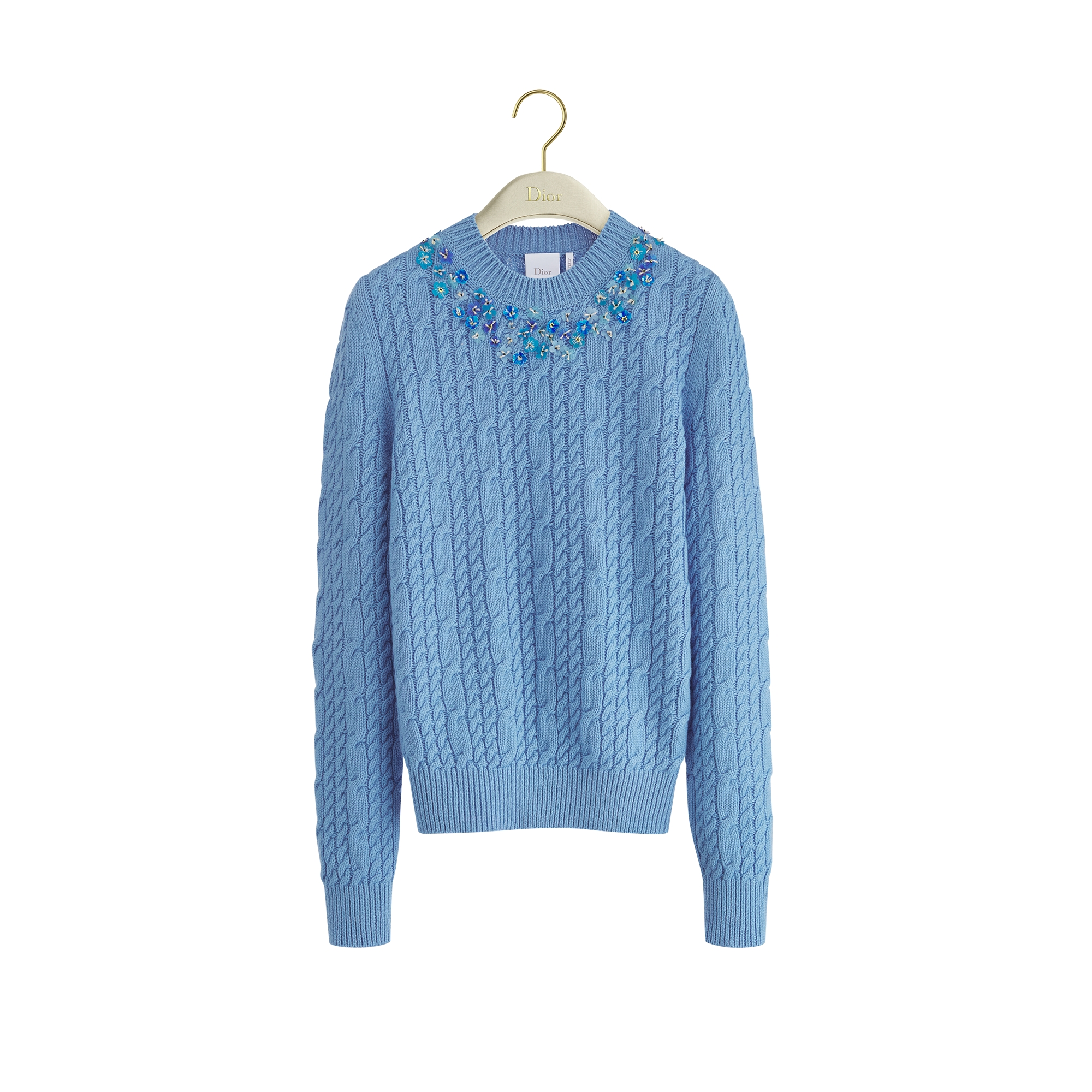 Embroidered Sweater Blue Cashmere Cable-Knit with Three-Dimensional Flowers E01