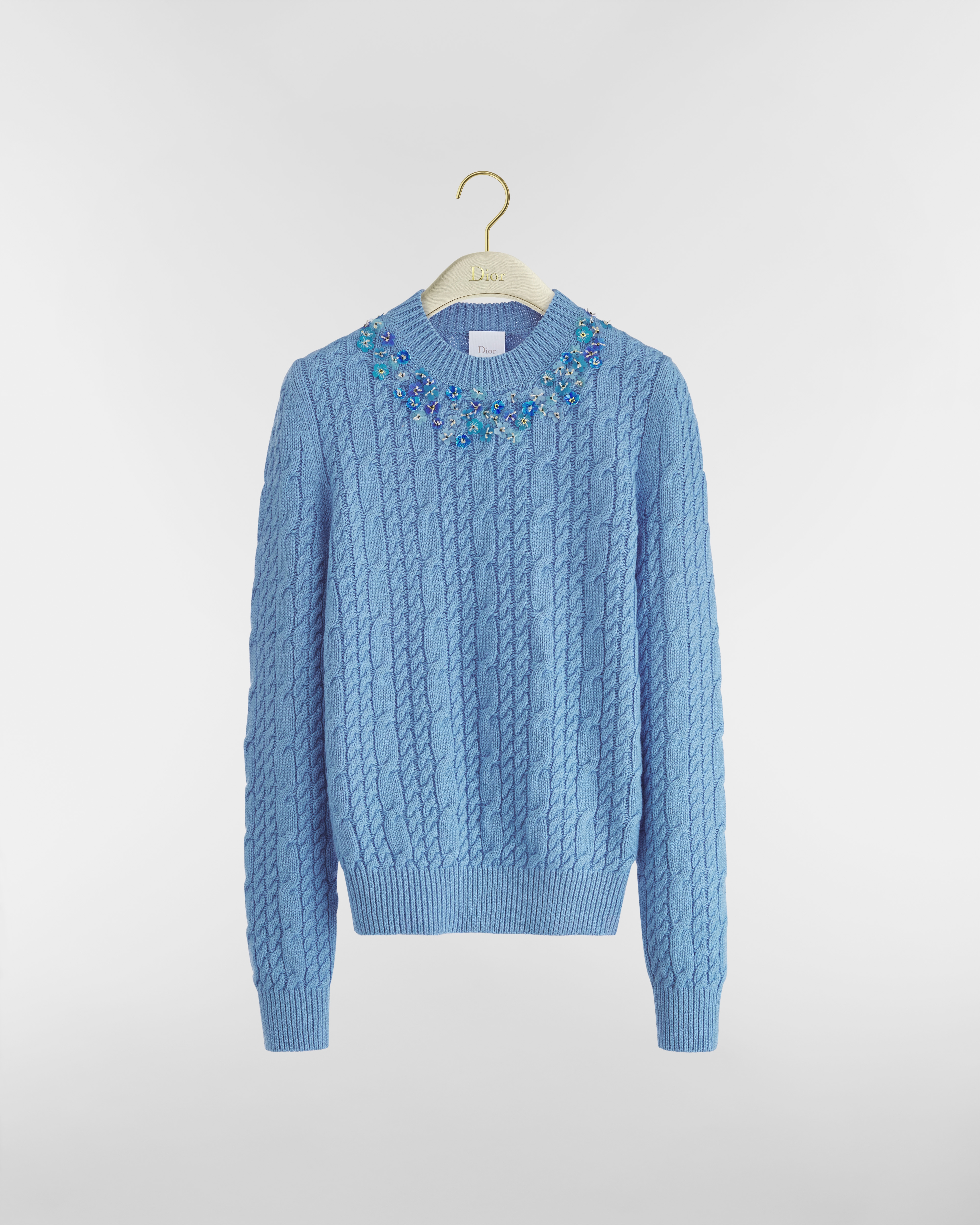 Pullover mit Stickerei Kaschmir in Blau mit Zopfmuster und dreidimensionalen Blumen E01