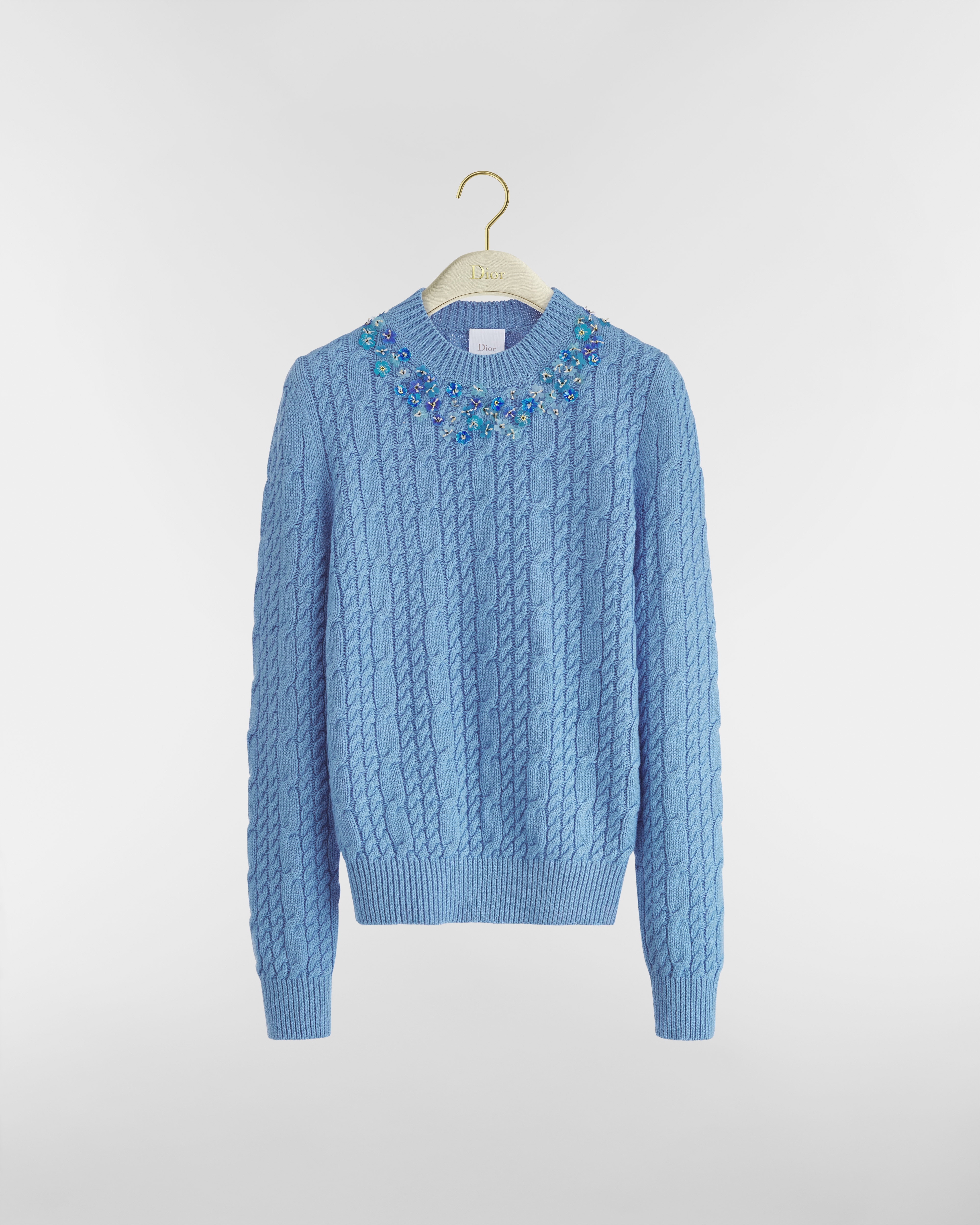 刺繡毛衣 藍色羊絨麻花針織綴以立體花卉 E01