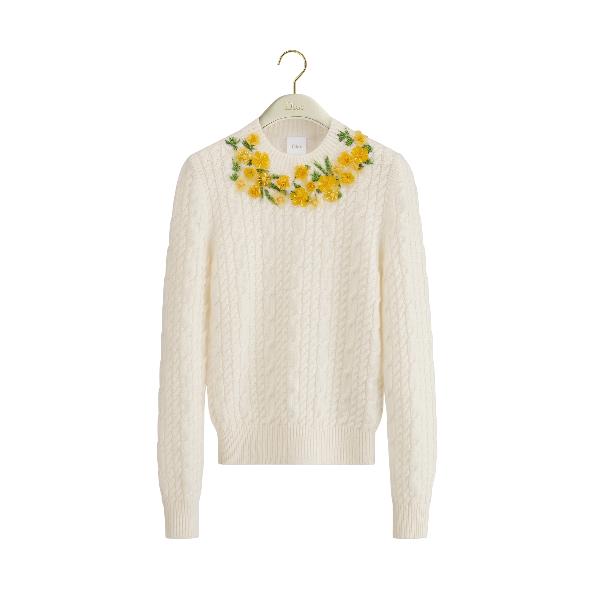 Embroidered Sweater Ecru Cashmere Cable-Knit with Three-Dimensional Dior Buttercup Flowers E01