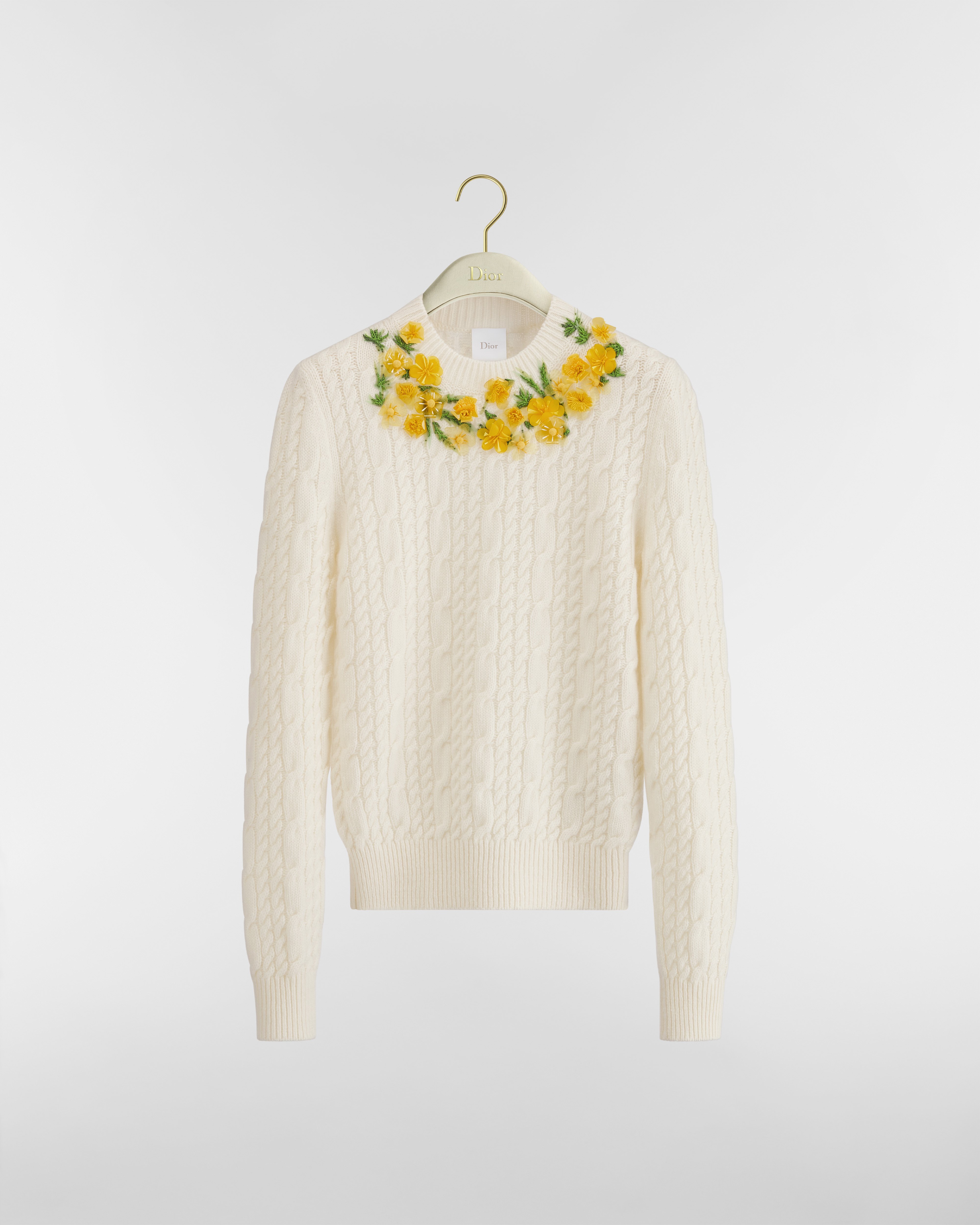 Pullover mit Stickerei Kaschmir in Ecru mit Zopfmuster und dreidimensionalen Dior Buttercup Blumen