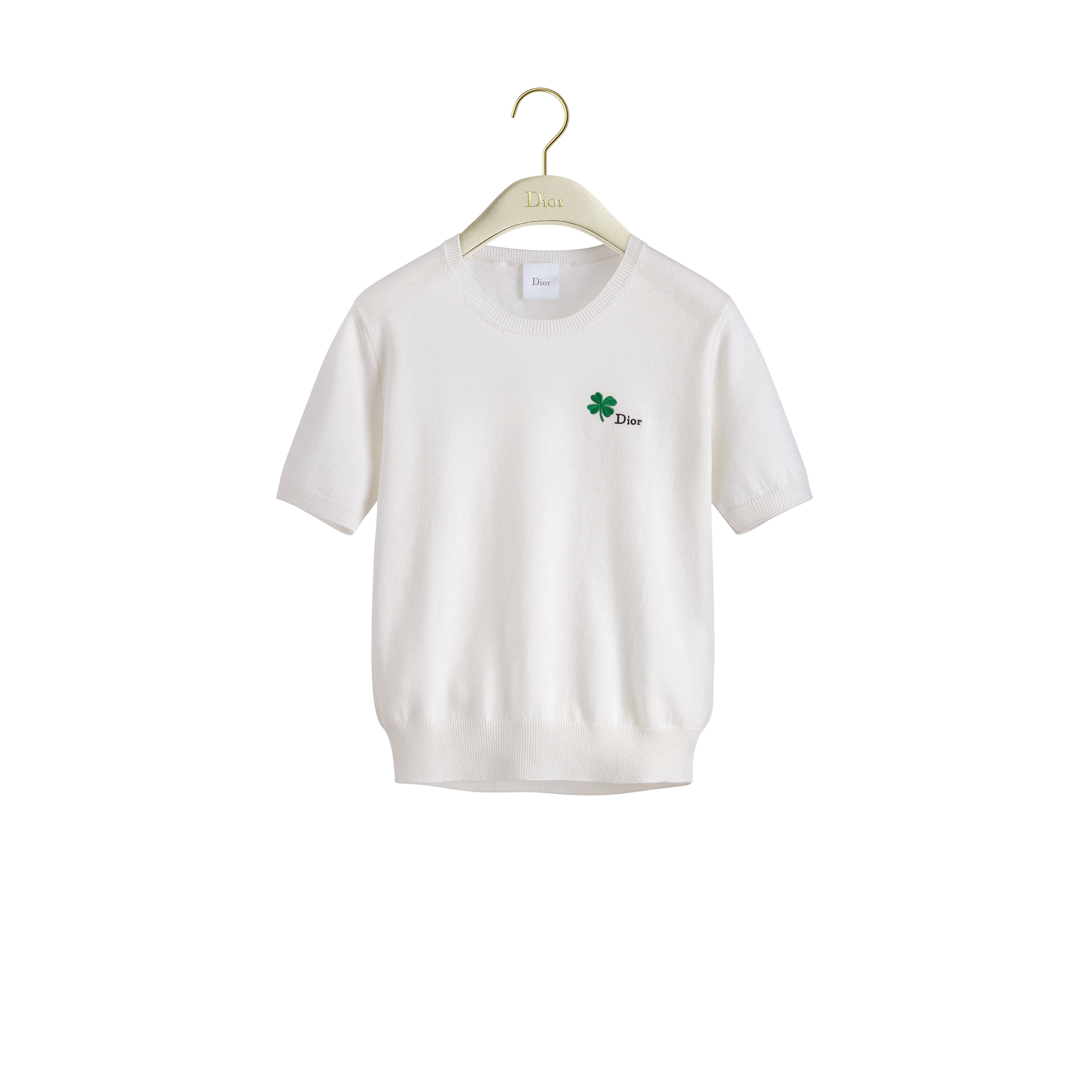 Short-Sleeved Fitted Sweater White Wool Knit with Green and Black Dior Clover Signature E01