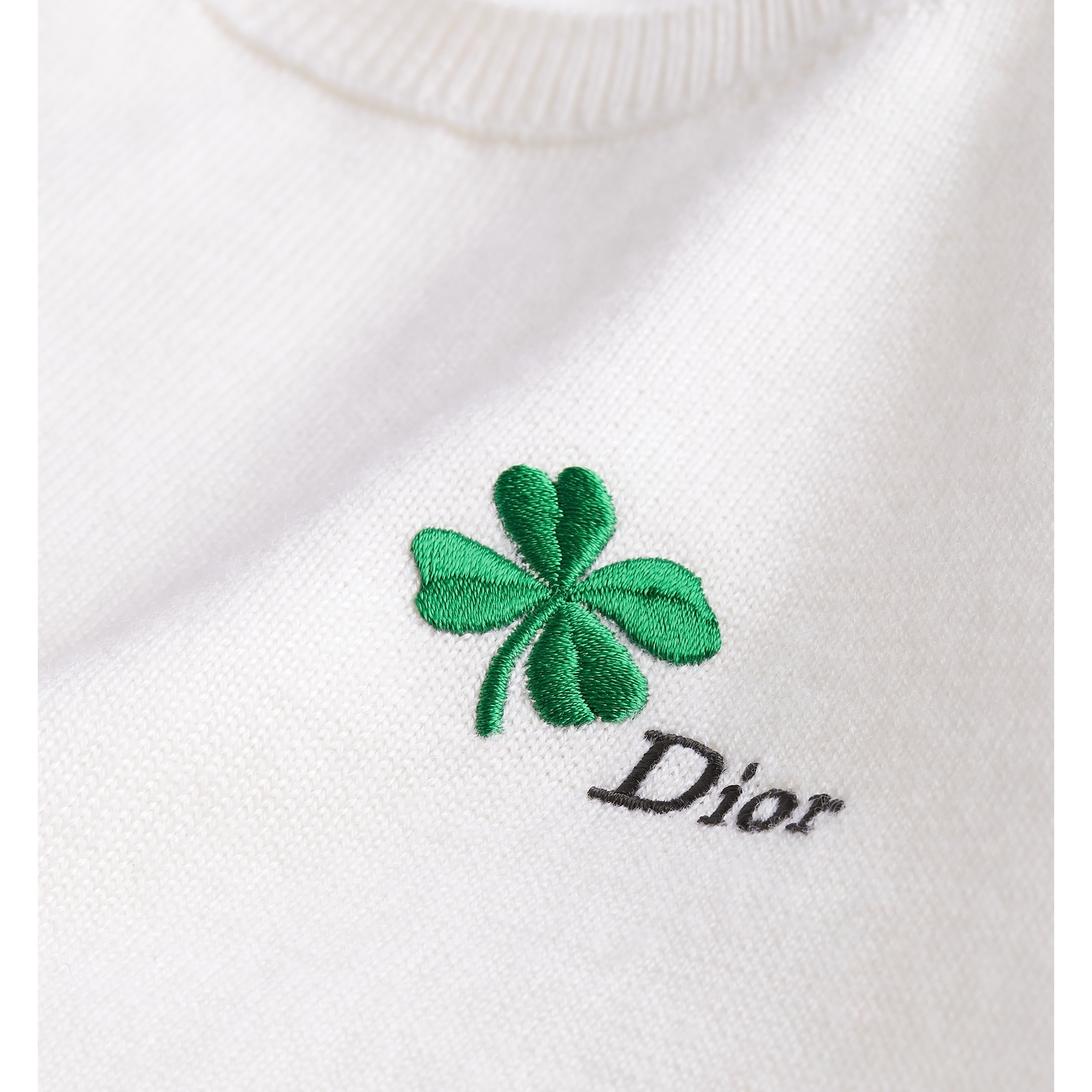Short-Sleeved Fitted Sweater White Wool Knit with Green and Black Dior Clover Signature E10