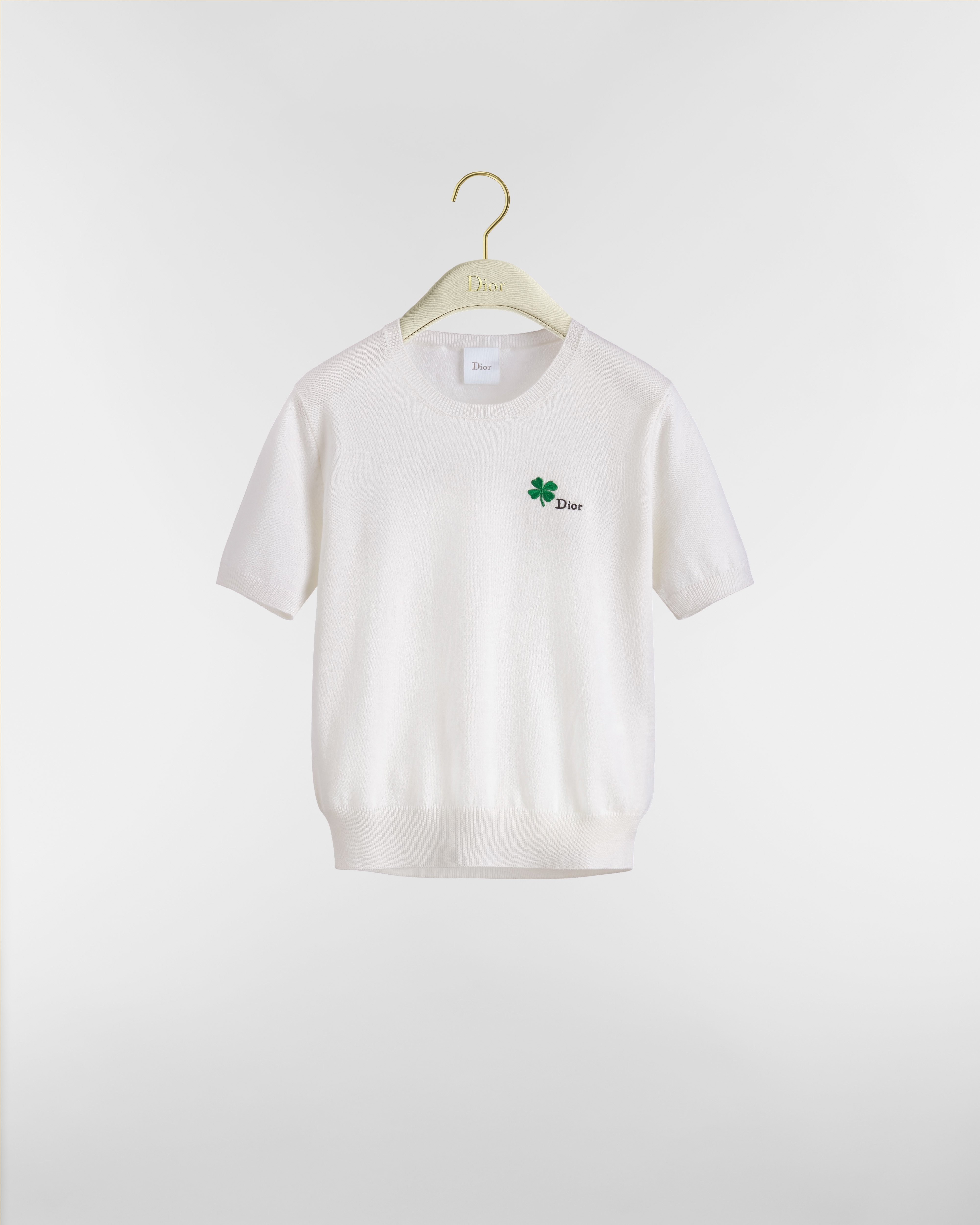 반소매 피티드 스웨터 화이트 울 니트 & 그린, 블랙 디올 클로버 시그니처 E01