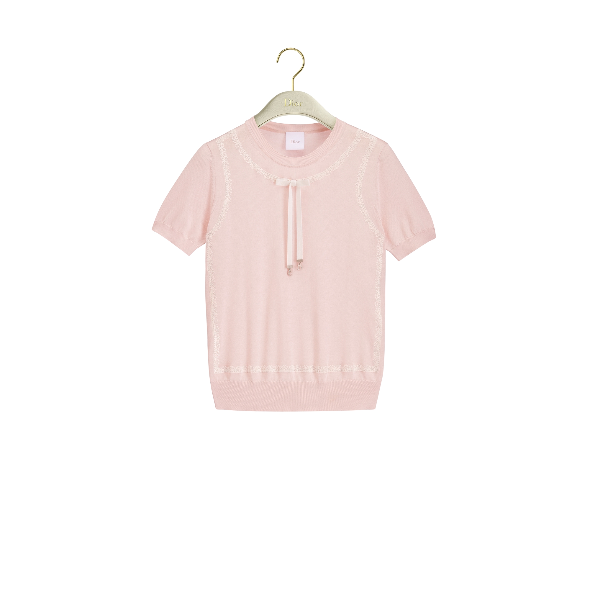 mimi DIORシルク100%半袖ニット Short-Sleeved Sweater Pink Silk Knit and Ecru Lace | DIOR