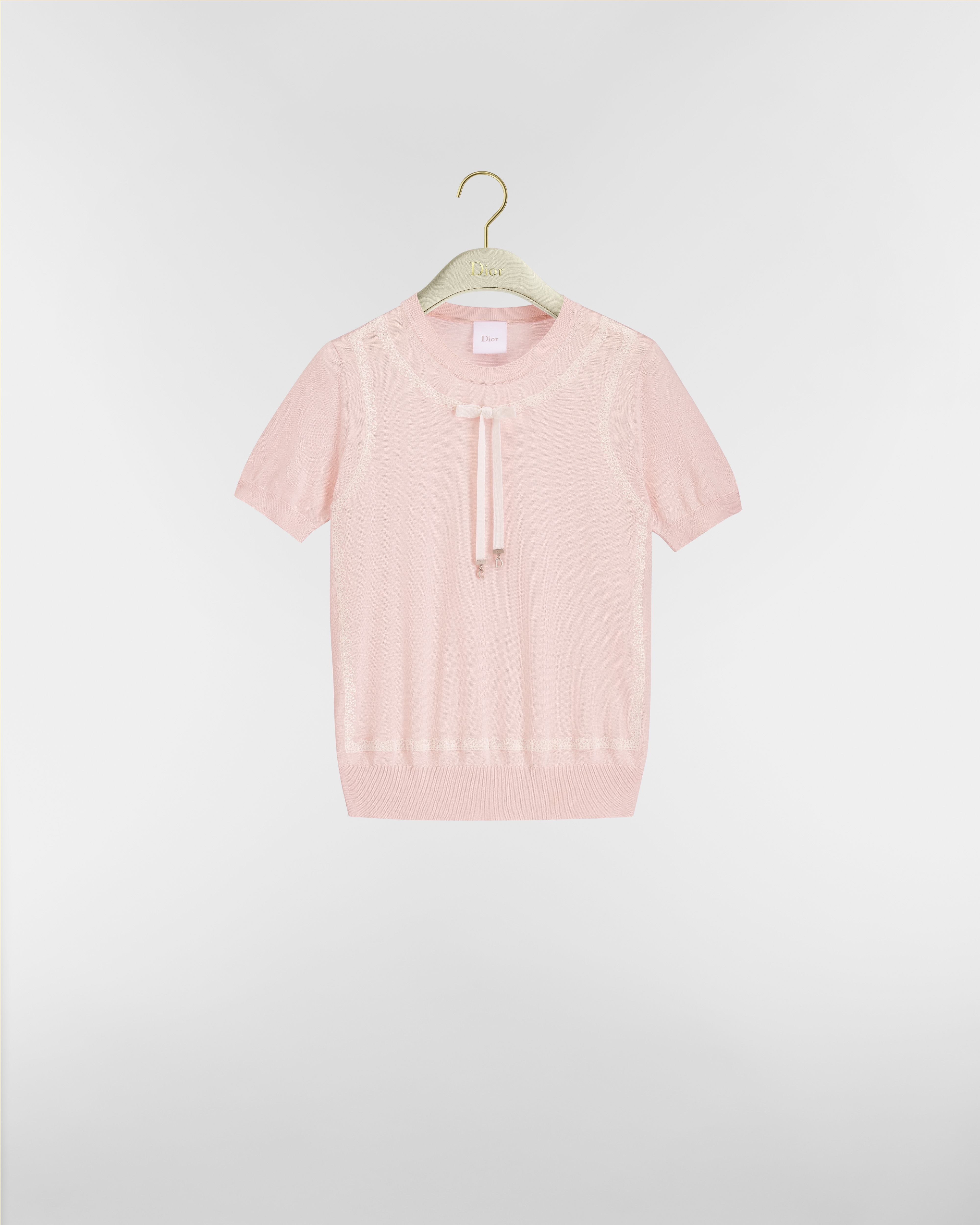 Short-Sleeved Sweater Pink Silk Knit and Ecru Lace E01