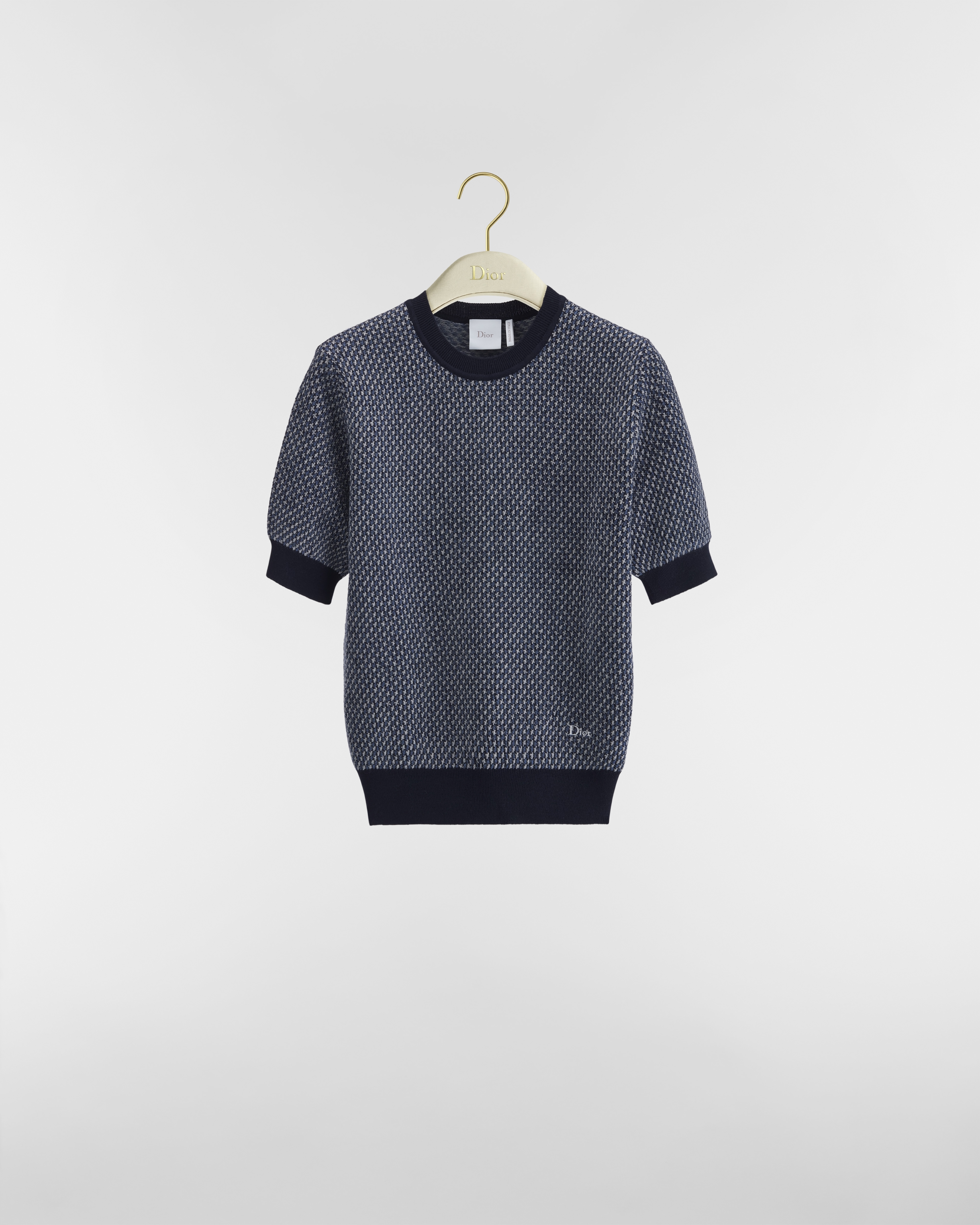 Suéter de manga corta Jacquard de lana azul marino y blanco E01