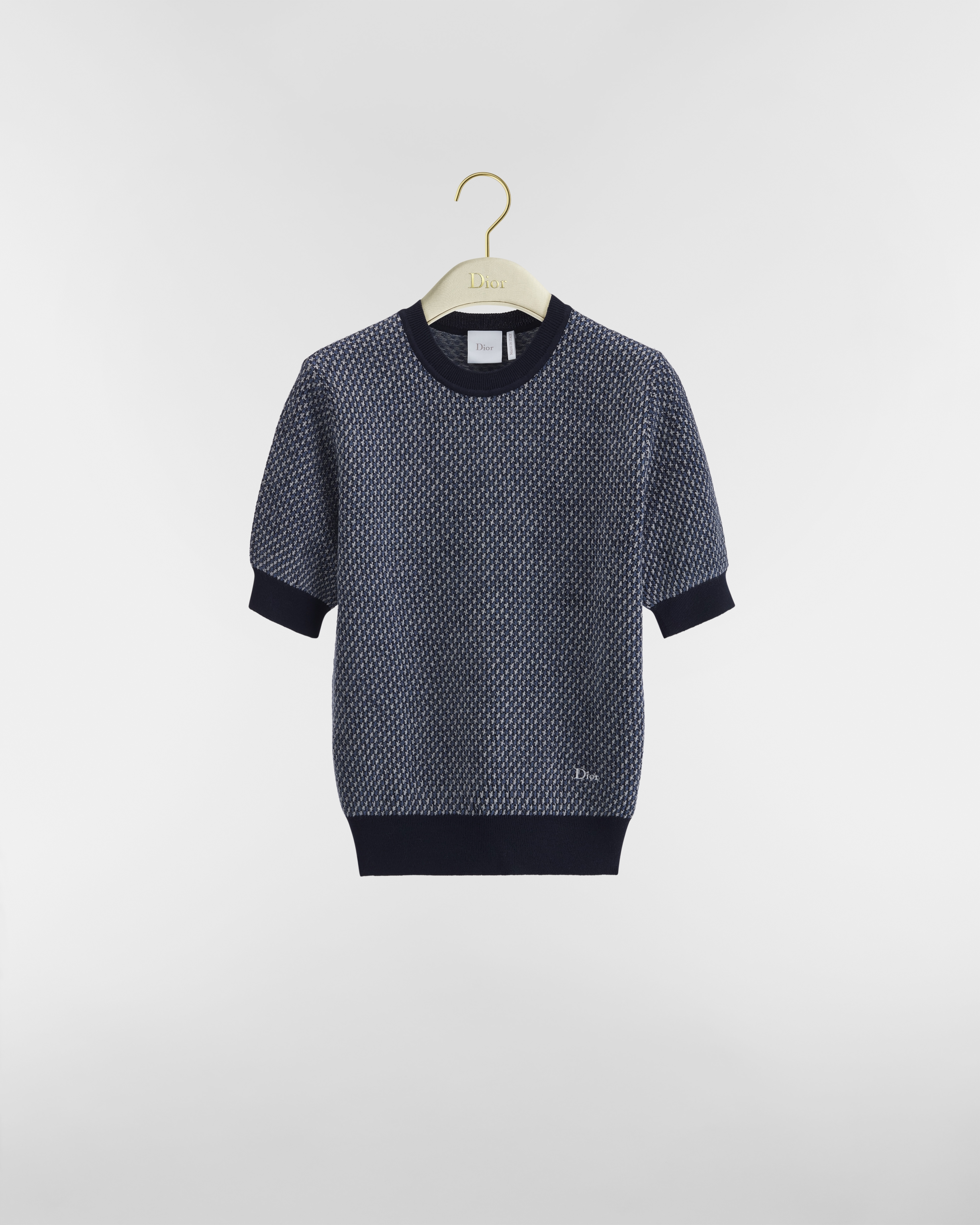 Short-Sleeved Sweater Navy Blue and White Wool Jacquard E01