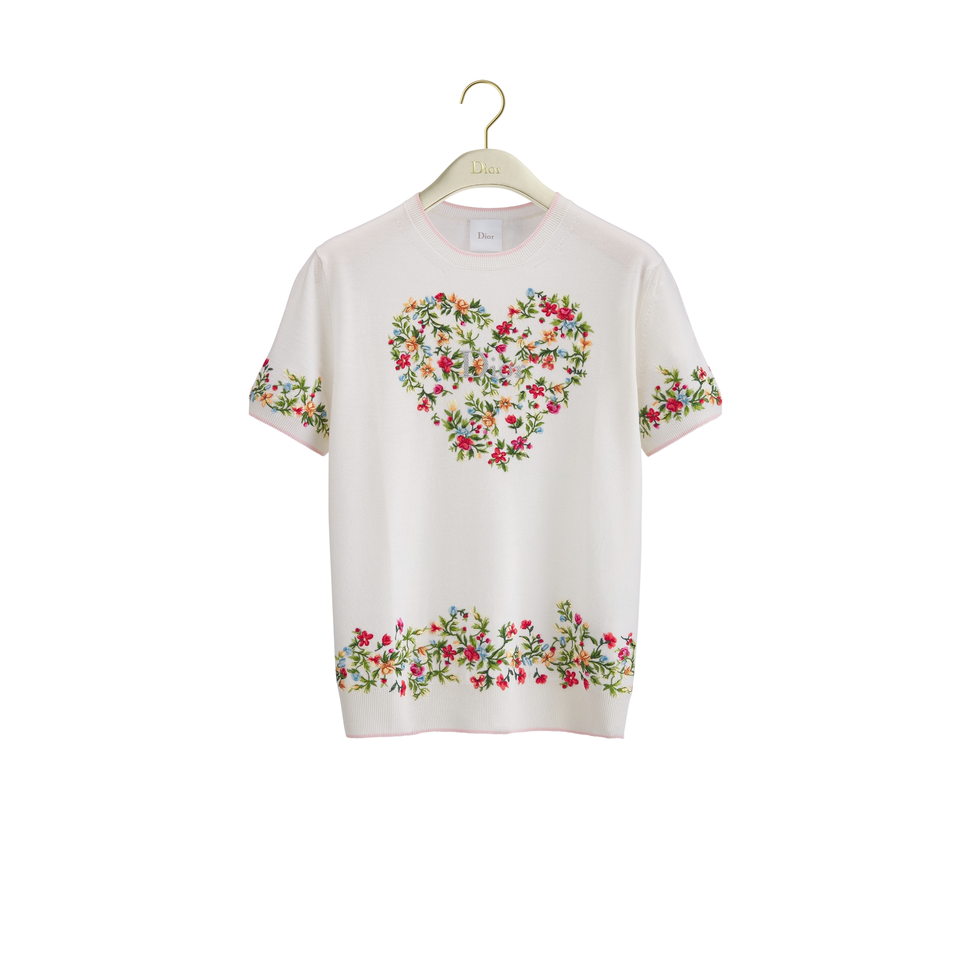 Dioramour Short-Sleeved Embroidered Sweater White Virgin Wool Knit with Multicolor Floral Heart Motif E01