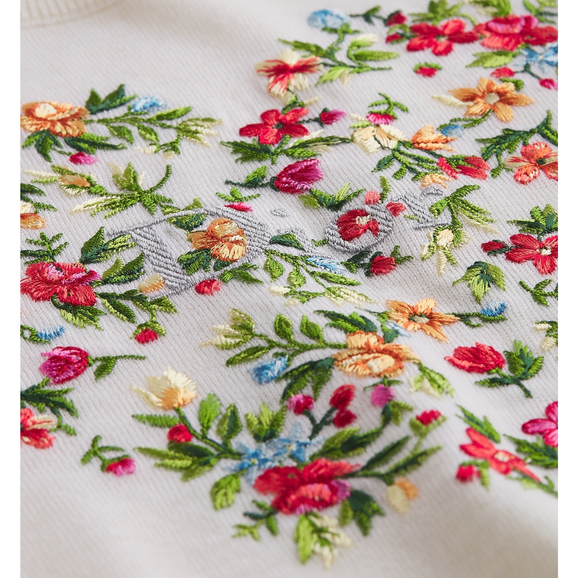Dioramour Short-Sleeved Embroidered Sweater White Virgin Wool Knit with Multicolor Floral Heart Motif E09