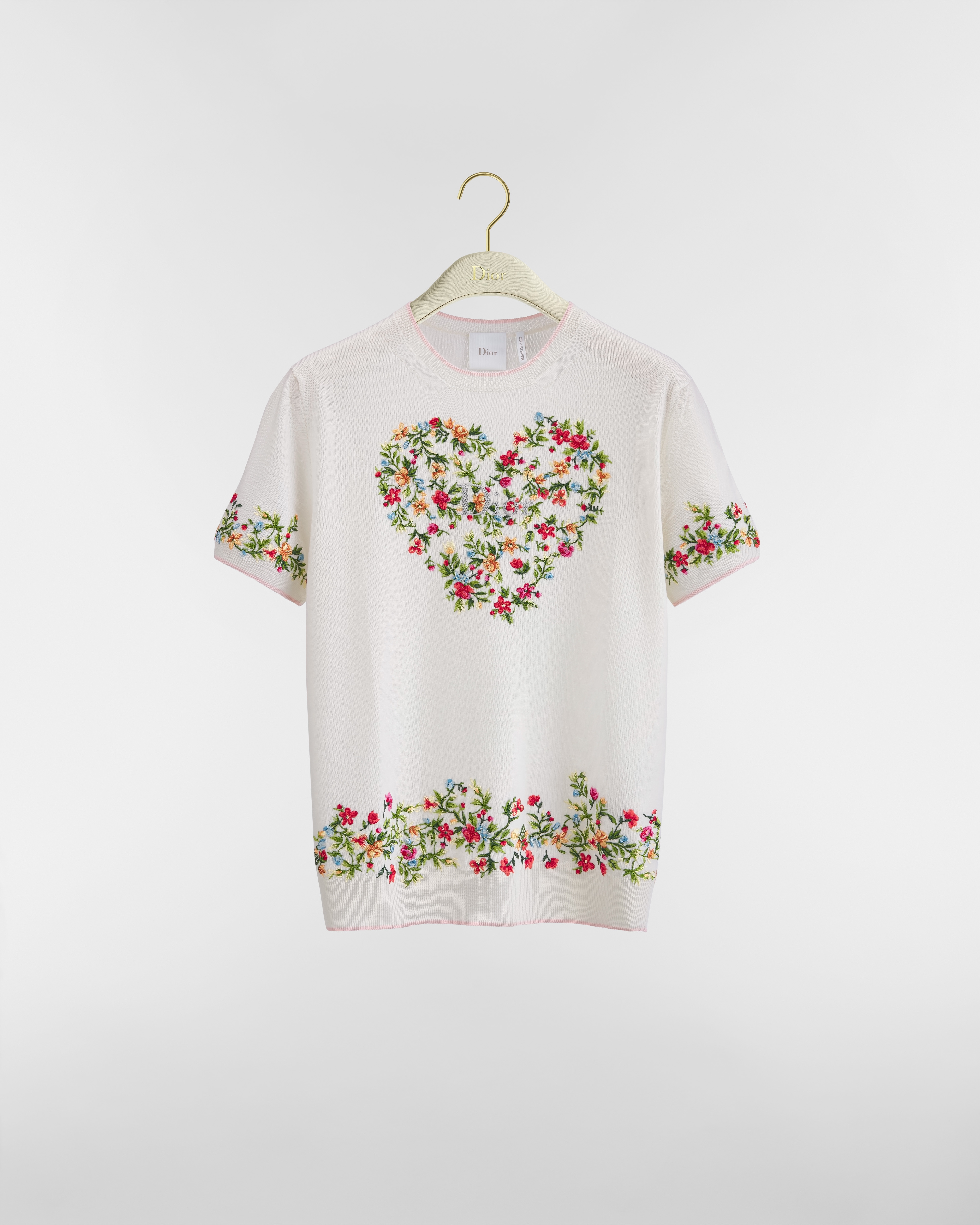 Dioramour Short-Sleeved Embroidered Sweater White Virgin Wool Knit with Multicolor Floral Heart Motif E01