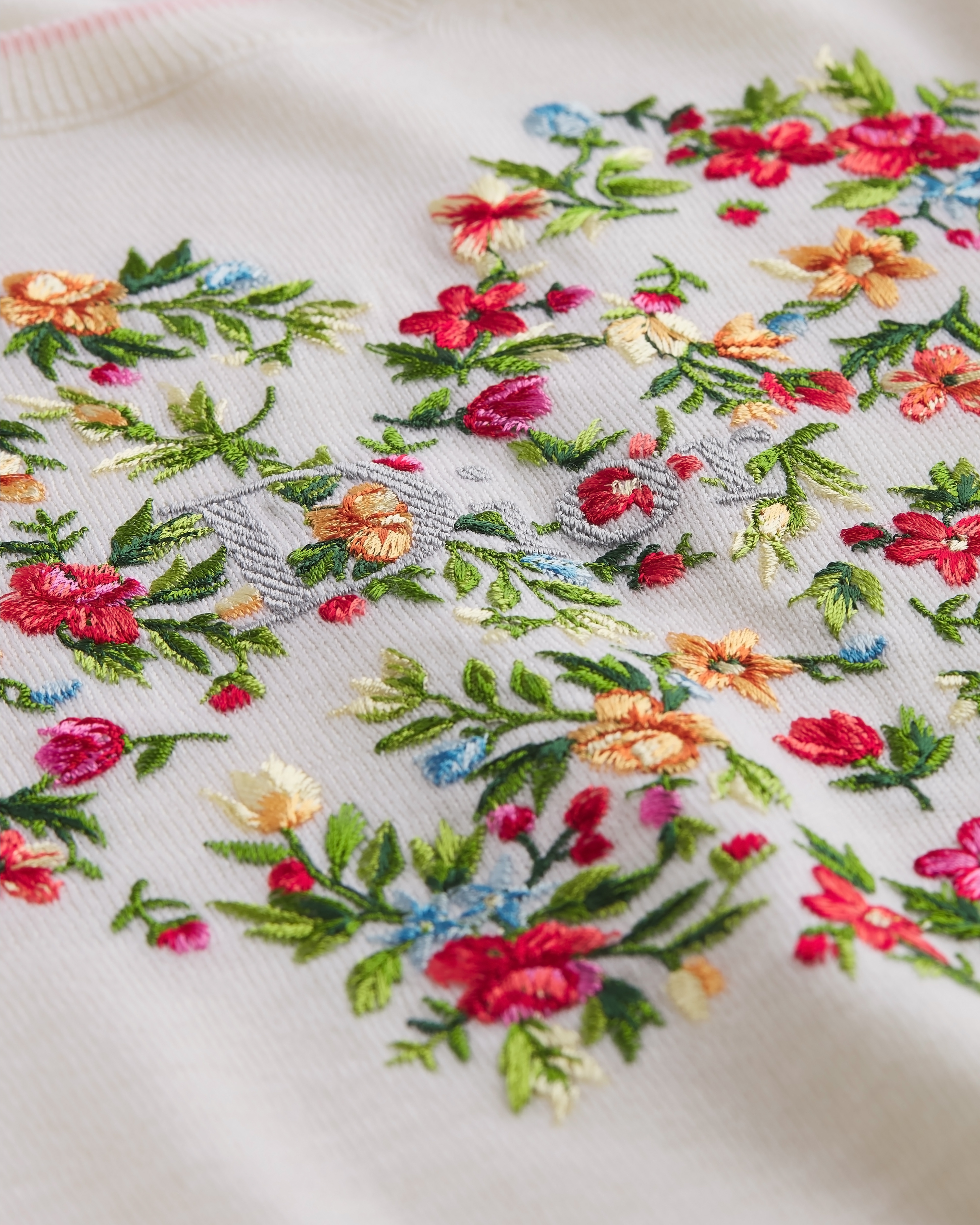 Dioramour Short-Sleeved Embroidered Sweater White Virgin Wool Knit with Multicolor Floral Heart Motif E09