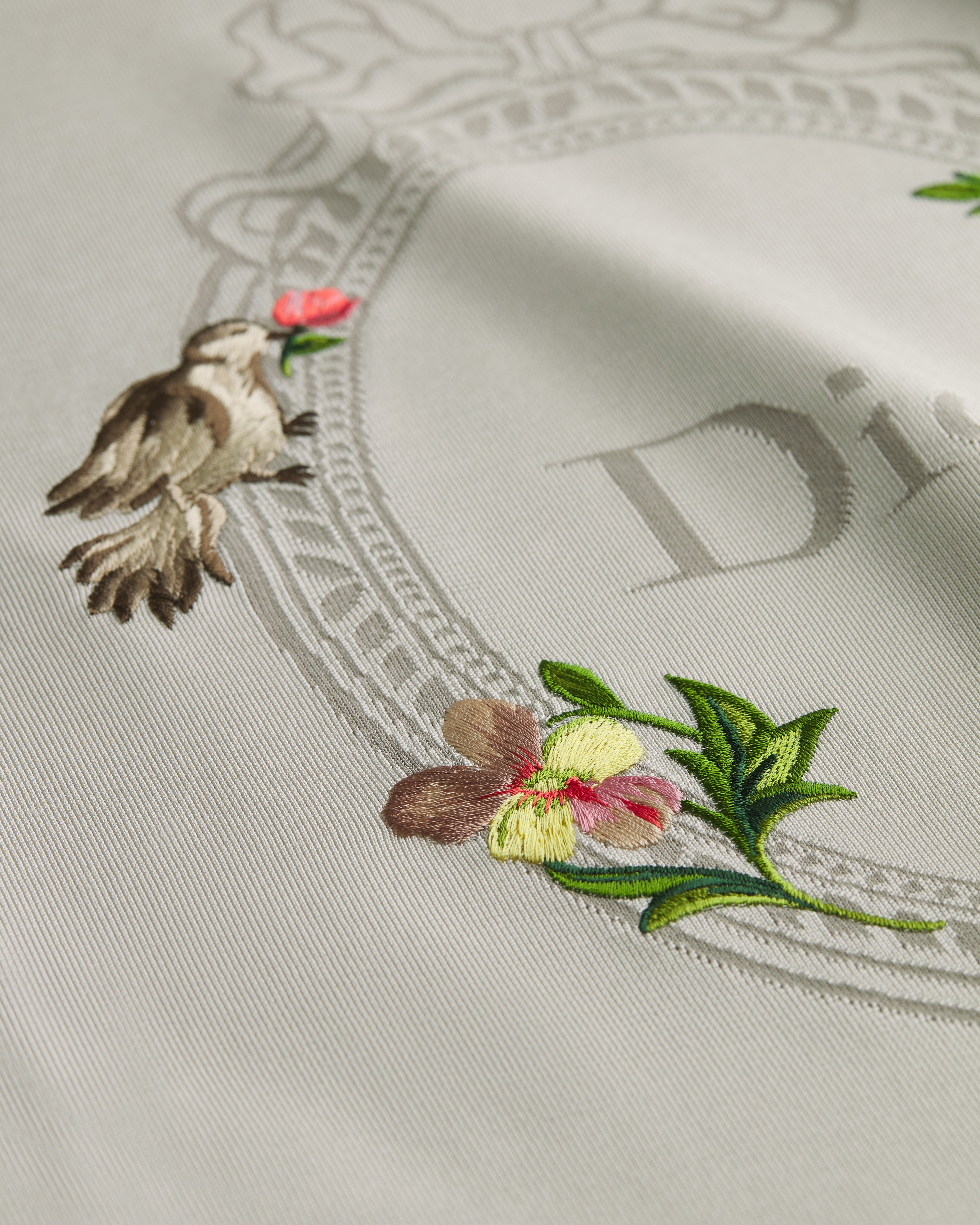 Dioramour Sweater Gray Silk-Cotton-Blend Knit with Multicolor Doves & Roses Motif E09