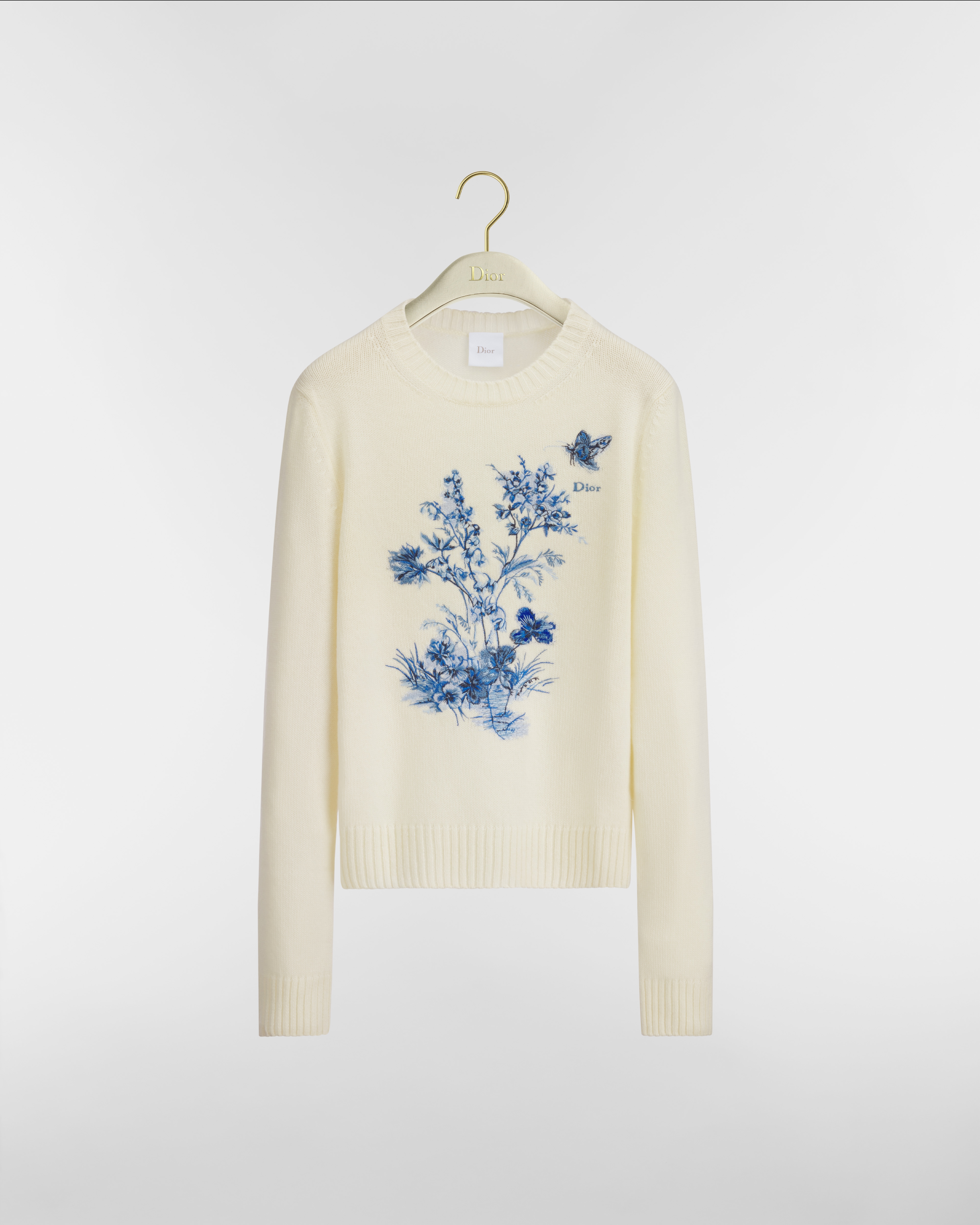 Geborduurde trui Gebreid van wit kasjmier en scheerwol met Bleu Myosotis Toile de Jouy Floral Garden-motief E01