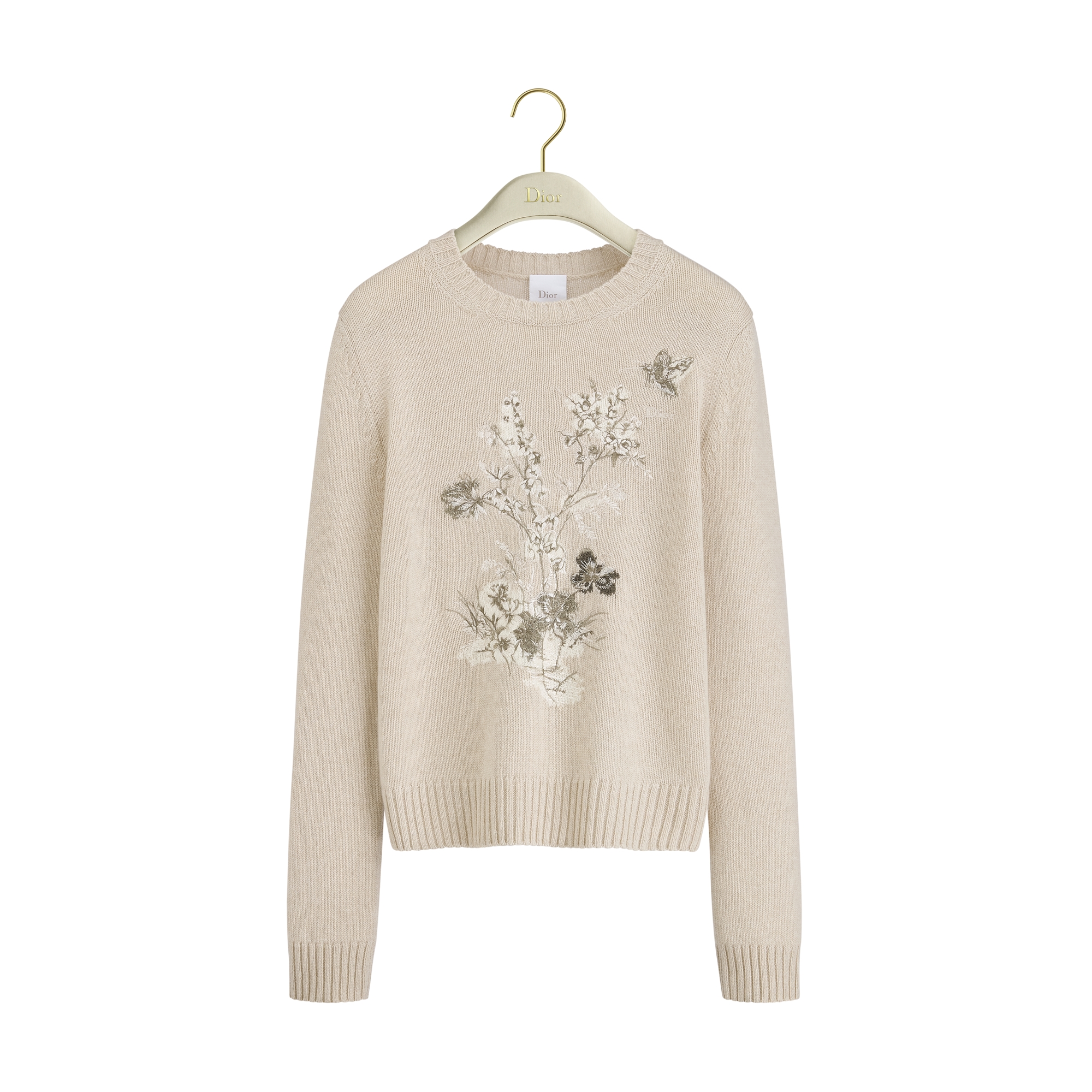 Dioriviera Embroidered Sweater Beige Cashmere and Virgin Wool Knit with Toile de Jouy Floral Garden Motif E01