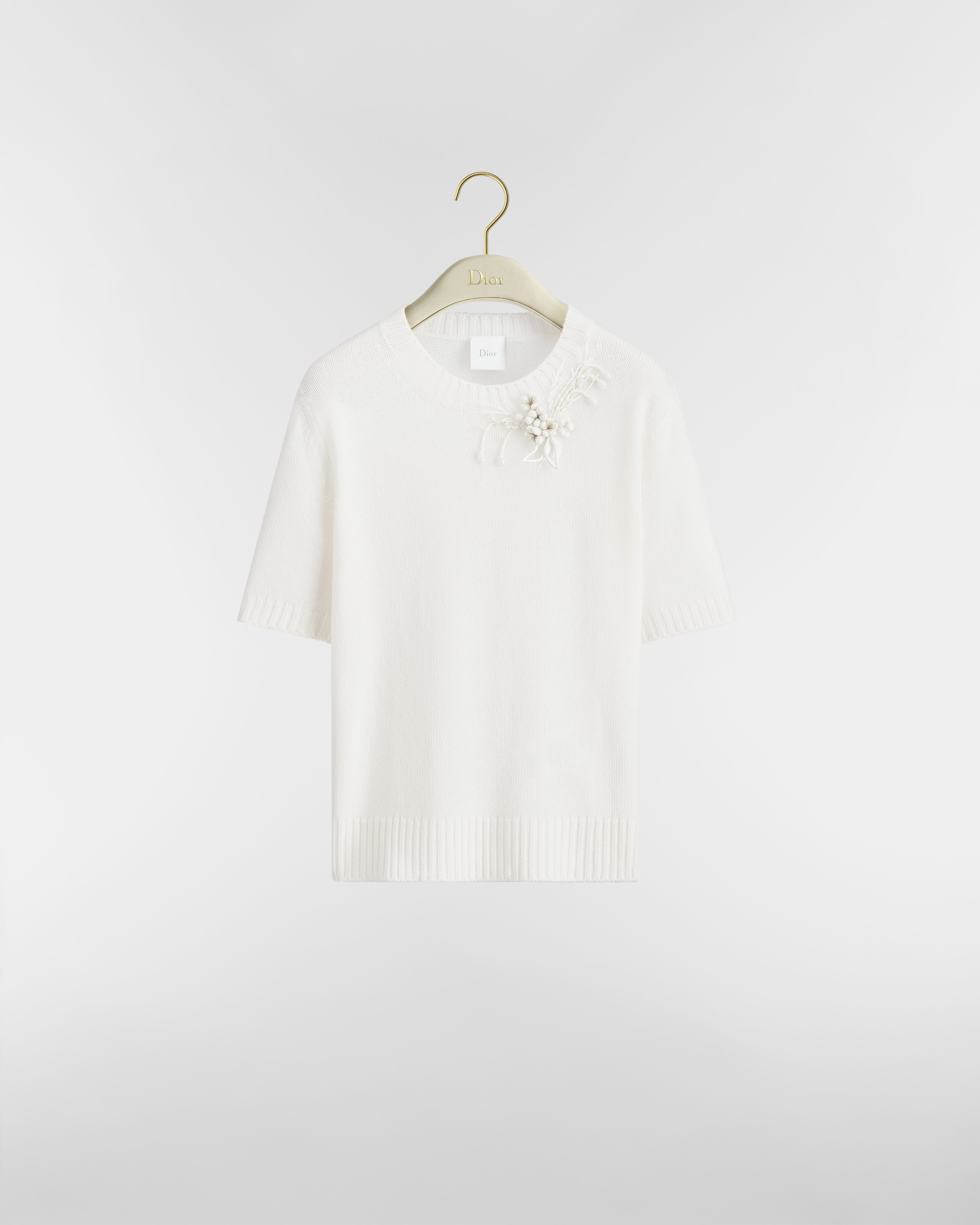 Pull à manches courtes à bouquet brodé Maille de cachemire beige E01