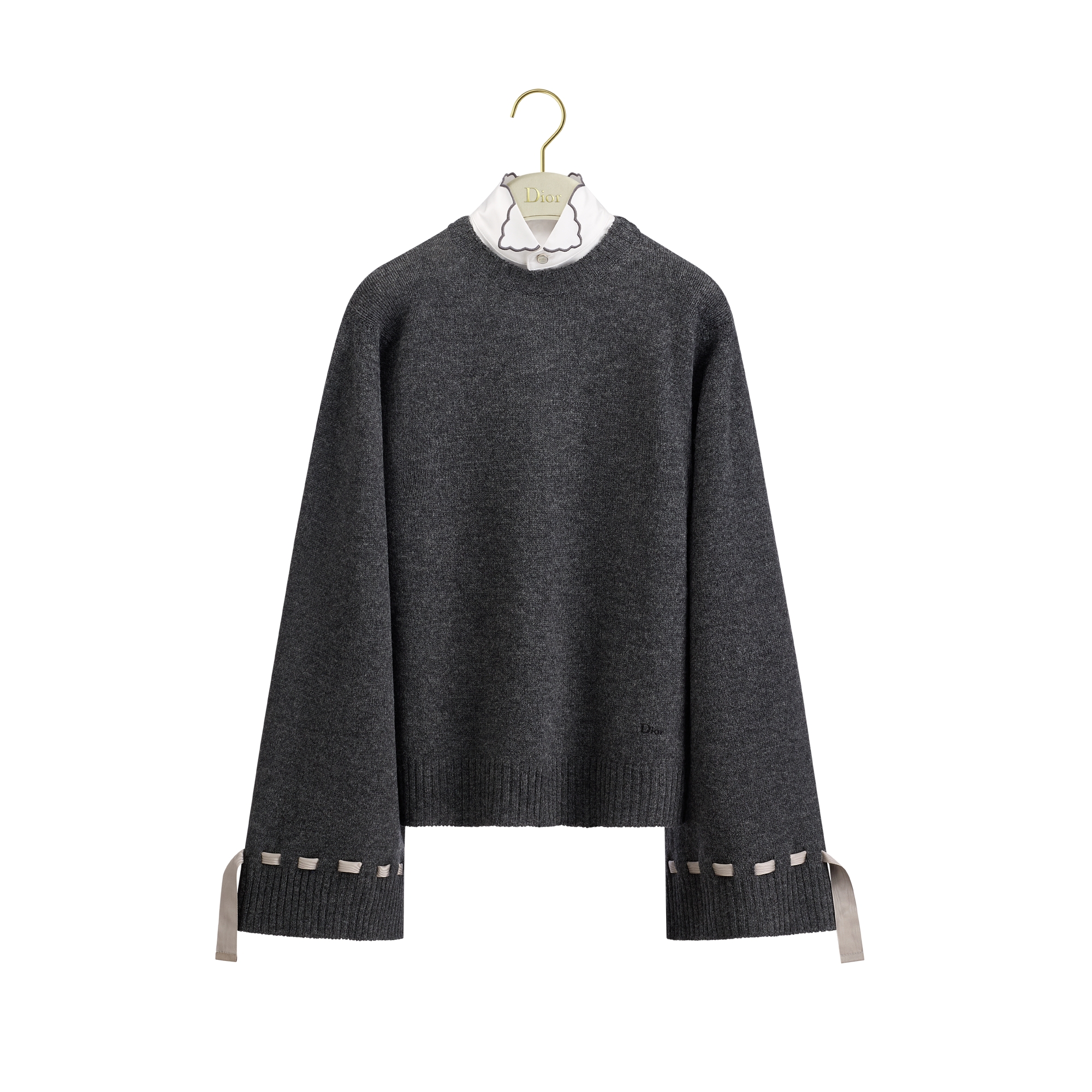 Dior ダークグレー 刺繍セーター Sweater with Removable Satin Collar Gray Virgin Wool | DIOR