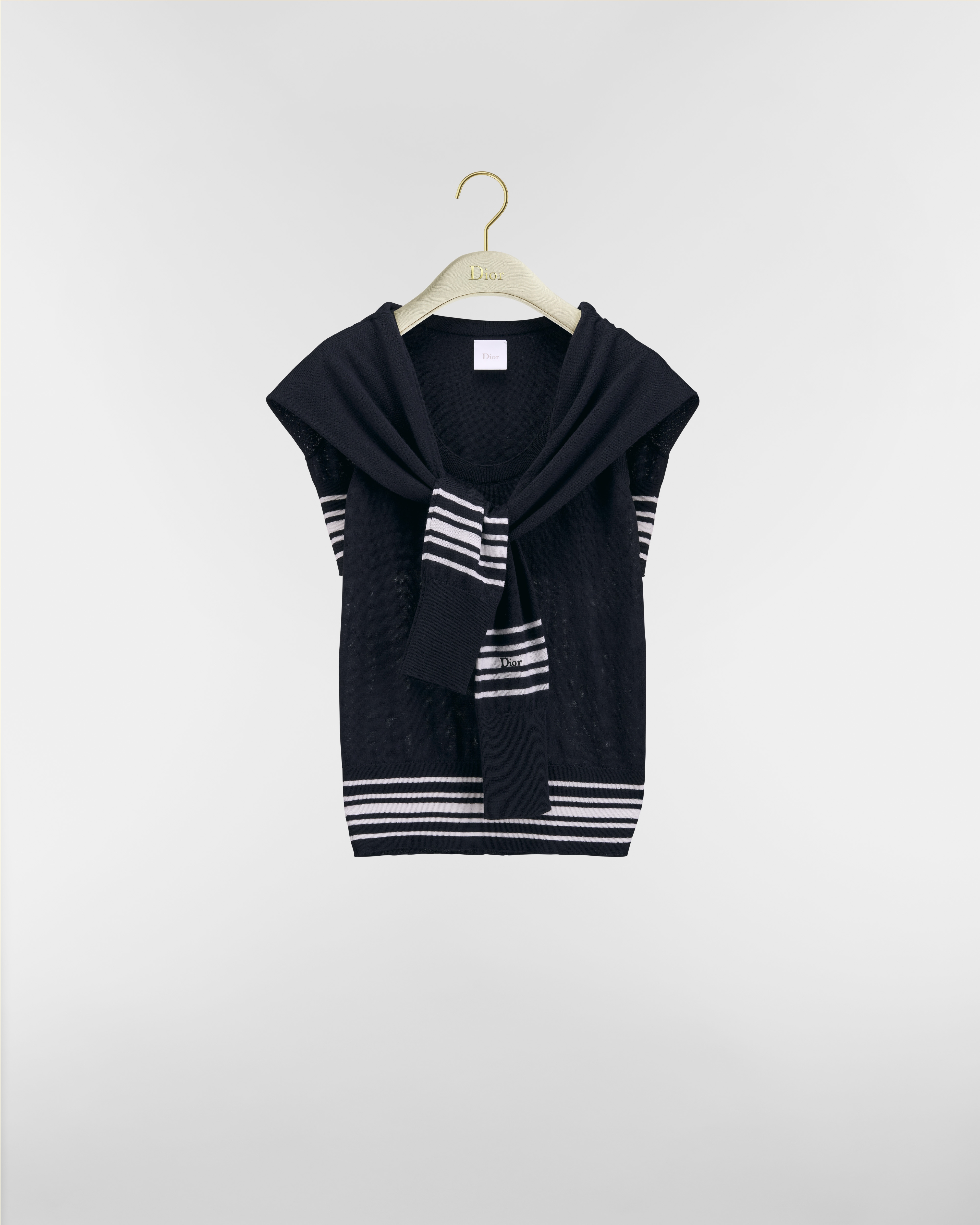 Sleeveless Sweater Navy Blue and White Cashmere and Silk Knit E01