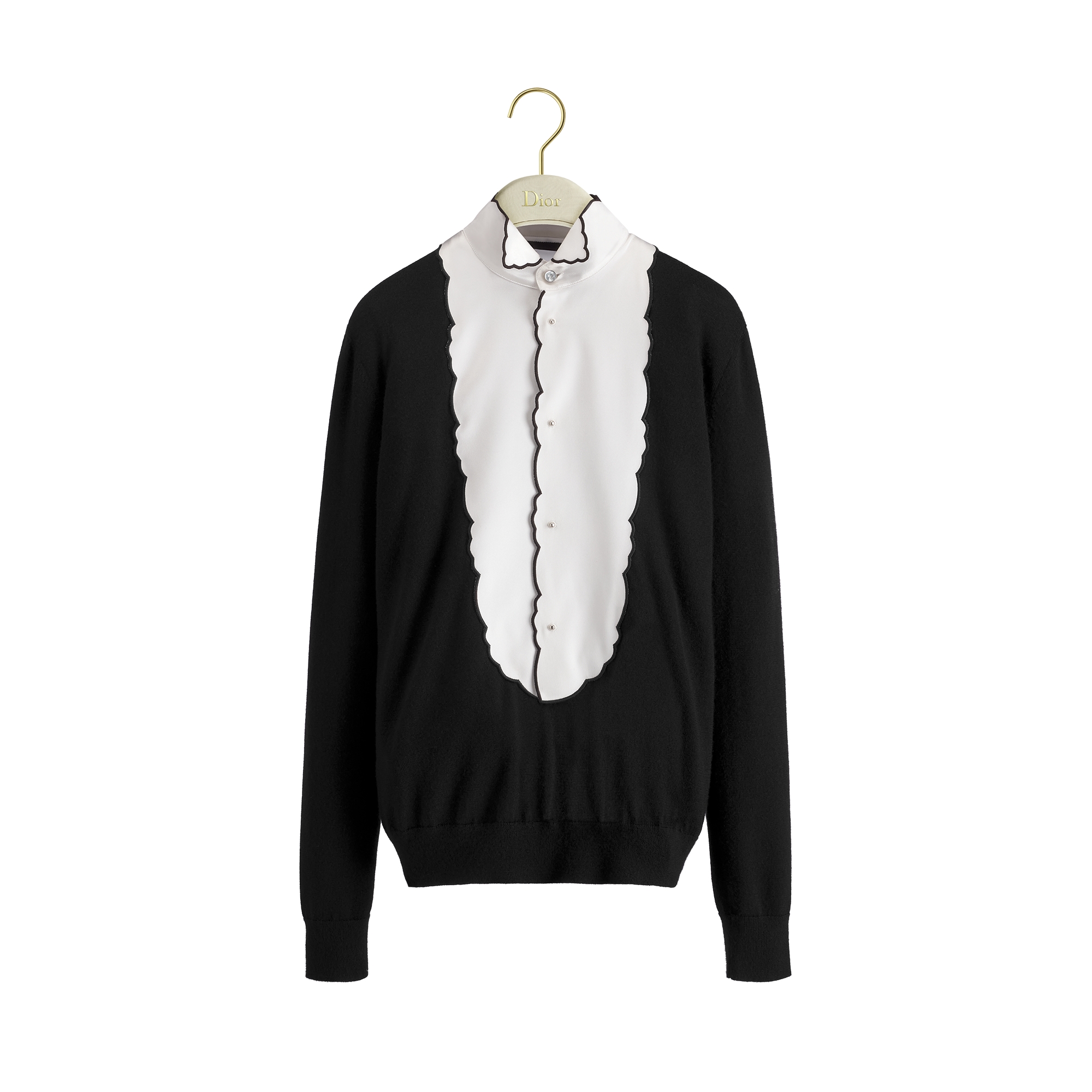 Sweater with Plastron Black Cashmere Knit with White and Black Silk E01