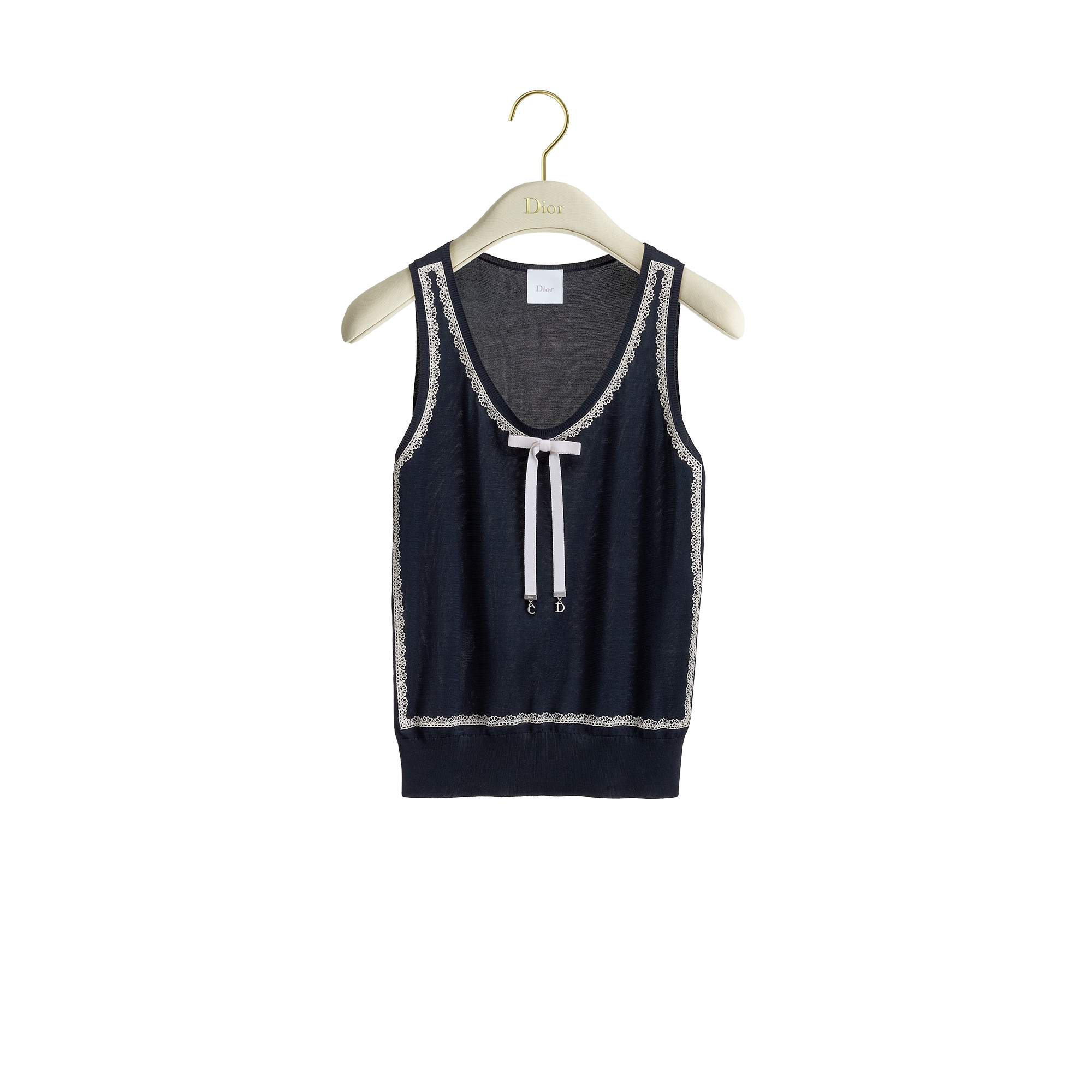 Sweater Vest Navy Blue Silk Knit and White Lace E01