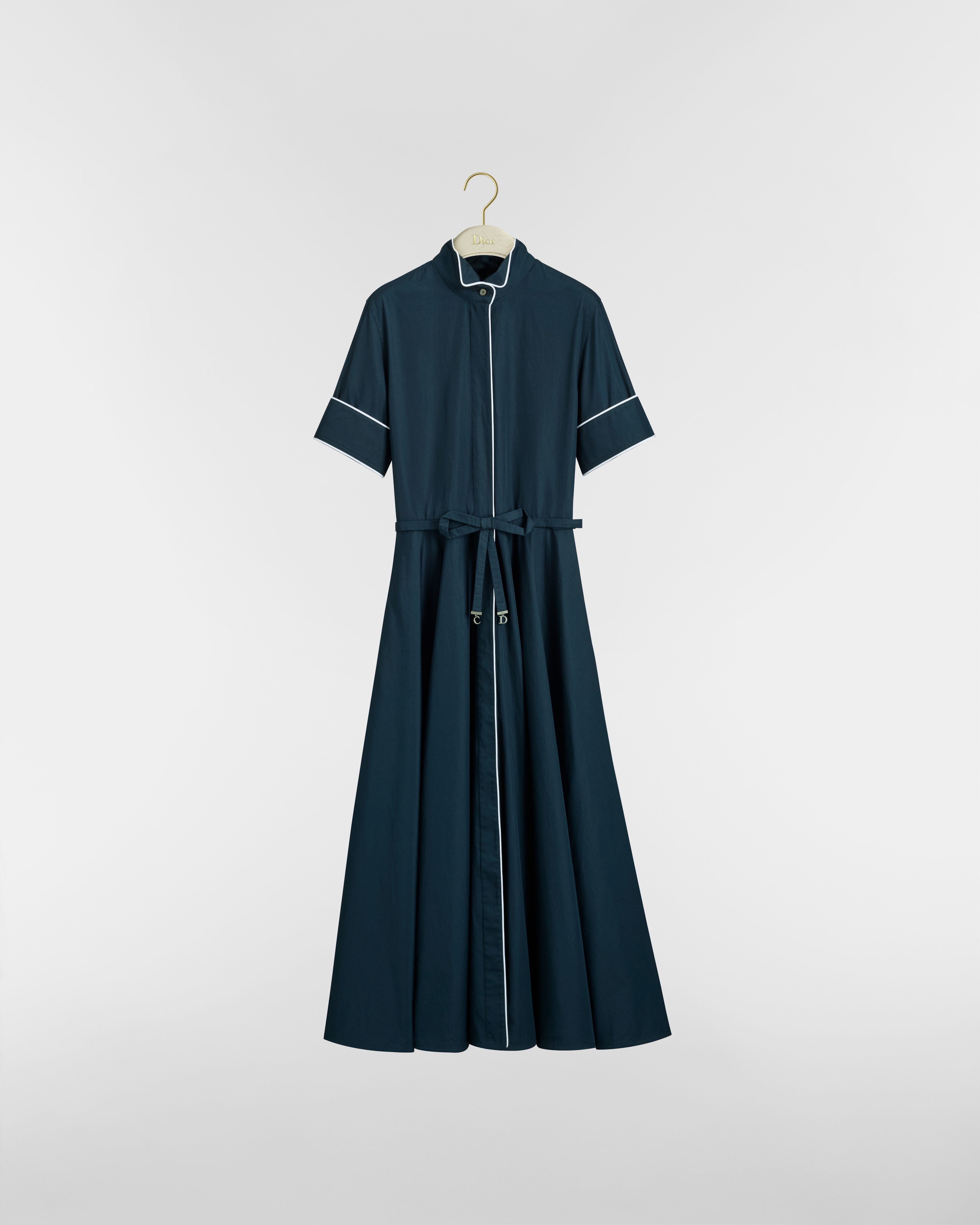 Robe-chemise mi-longue ceinturée Popeline de coton bleu marine