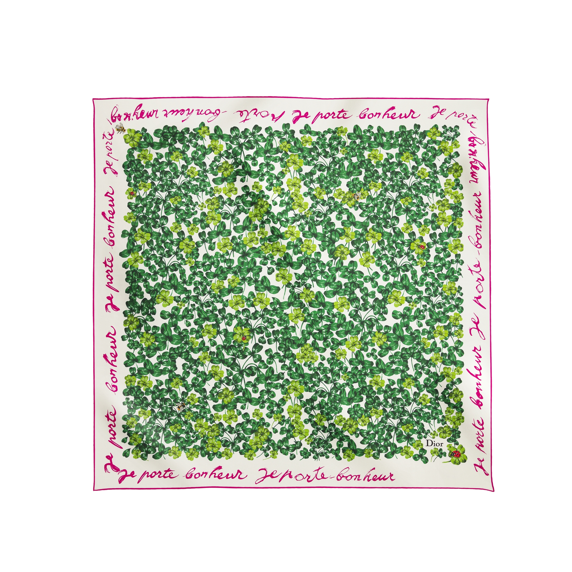 Dior Clover 90 Square Scarf Green and Fuchsia Silk Twill E01