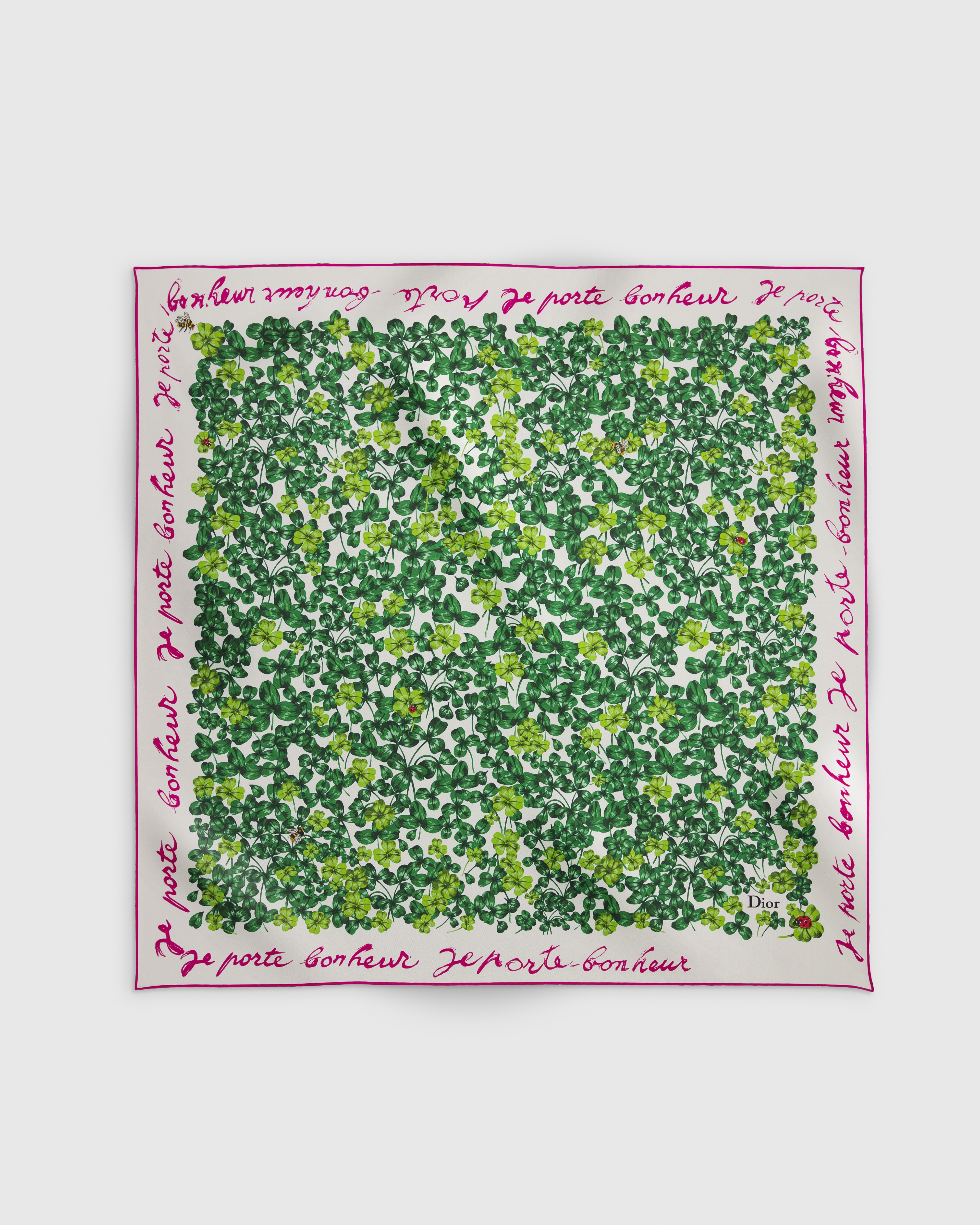 ผ้าพันคอทรงสี่เหลี่ยมจัตุรัส Dior Clover 90 ผ้าไหมทวิลล์สีเขียวและสีบานเย็น E01