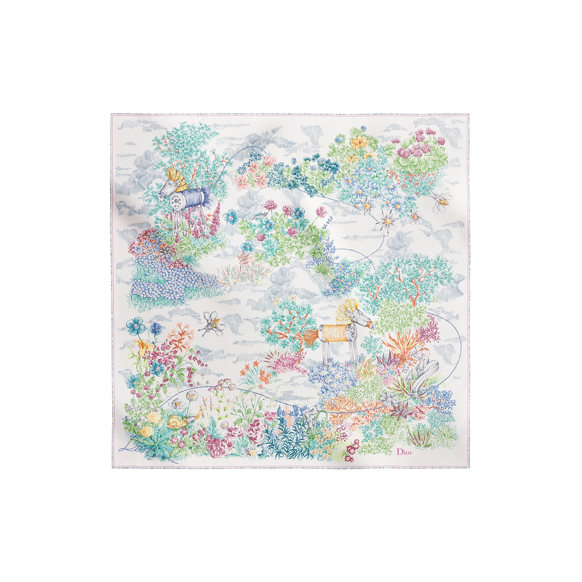 Dior Charming Garden 90 Square Scarf White Multicolor Silk Twill E01