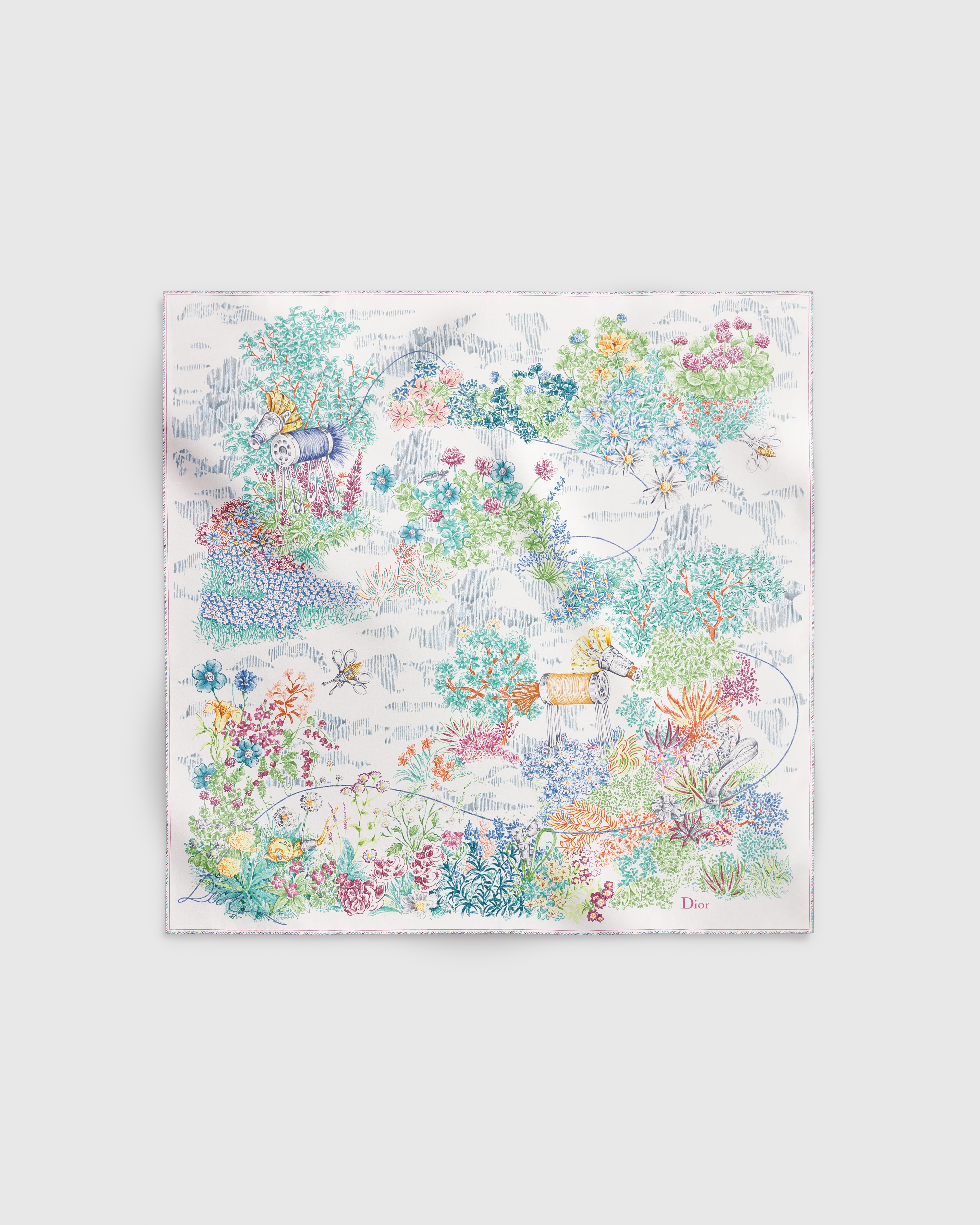 Dior Charming Garden 90 Square Scarf White Multicolor Silk Twill E01