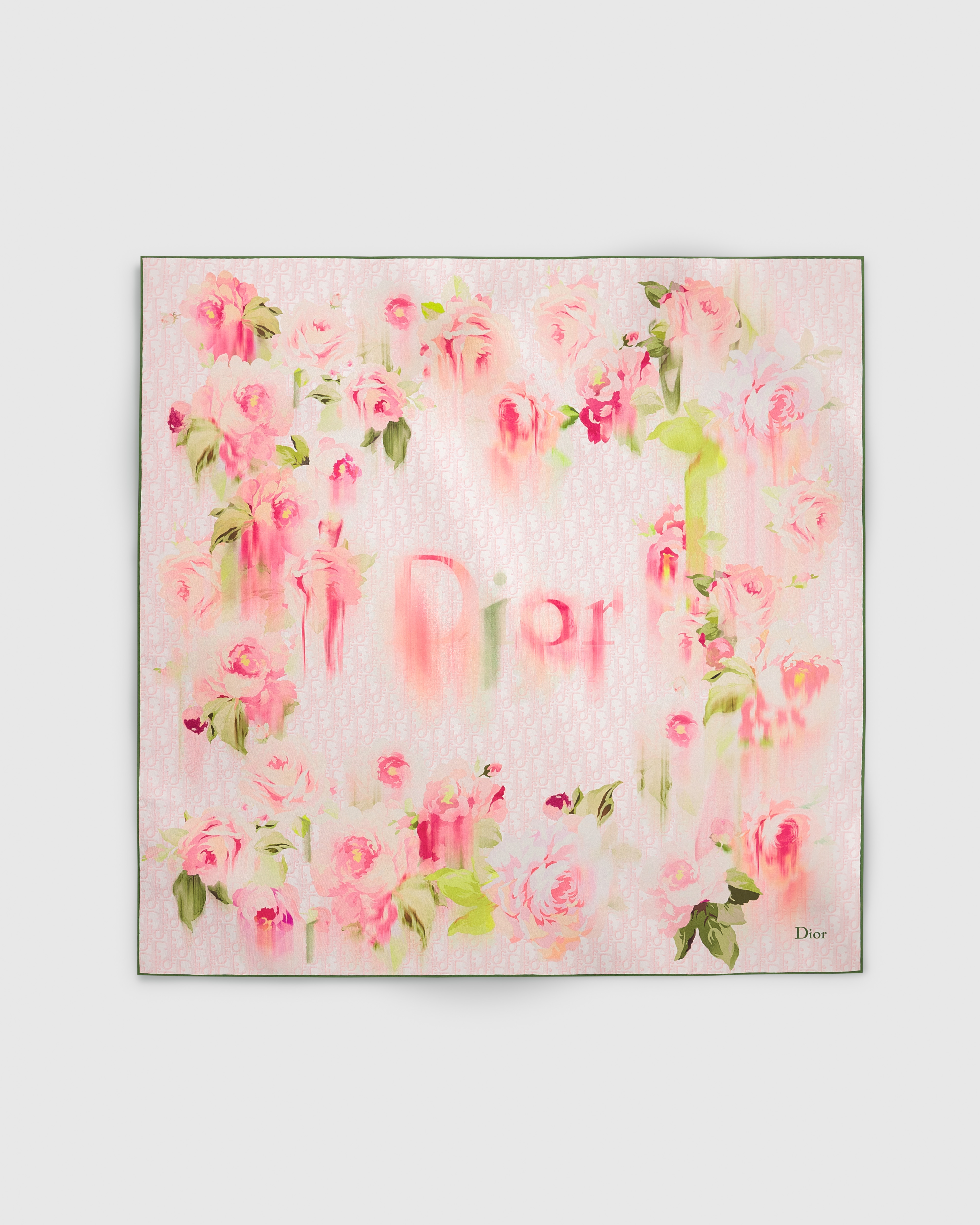 Dior Painted Roses 90 Square Scarf Pink and Green Silk Twill E01