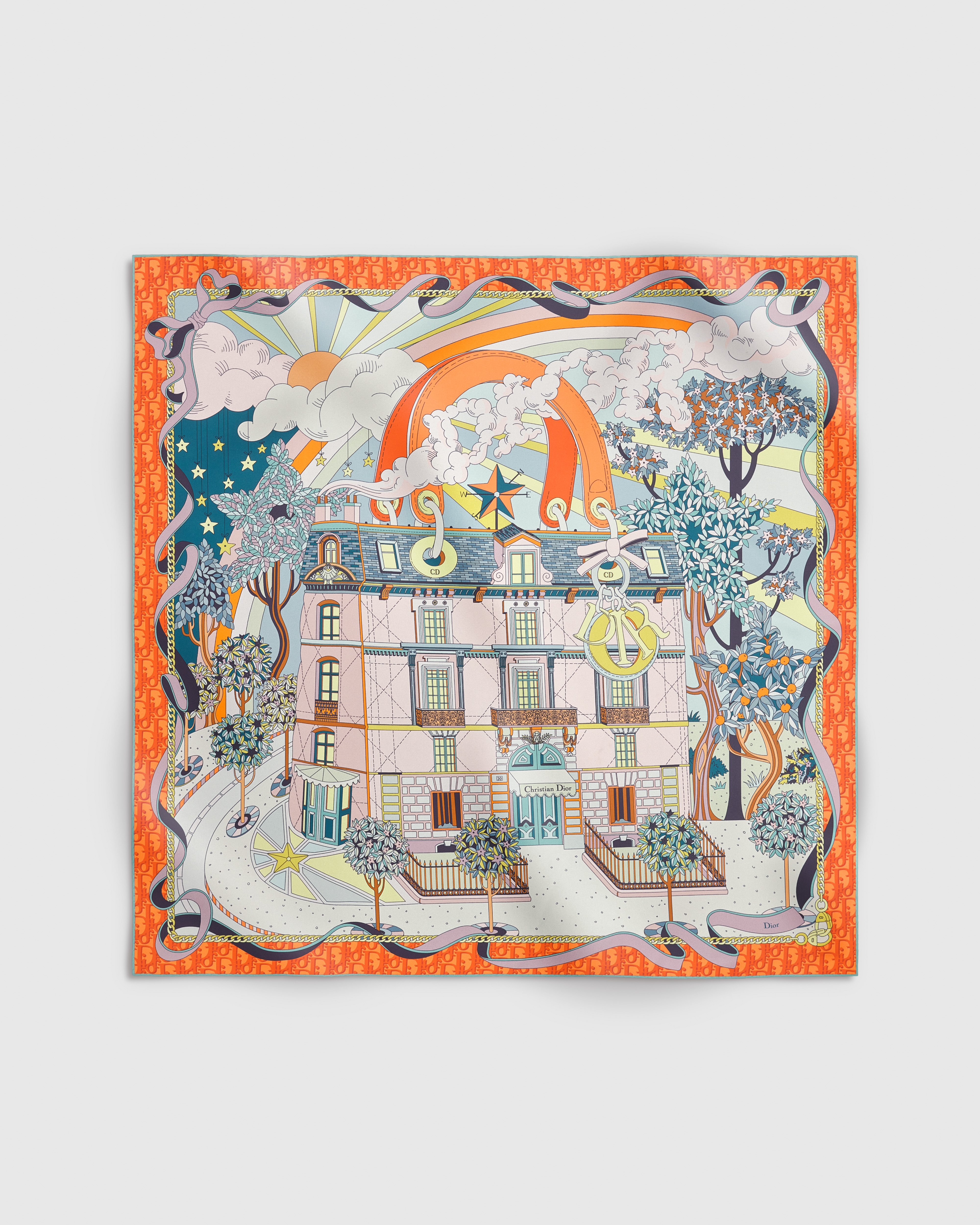 Dior Avenue 90 Square Scarf Orange Multicolor Silk Twill E01