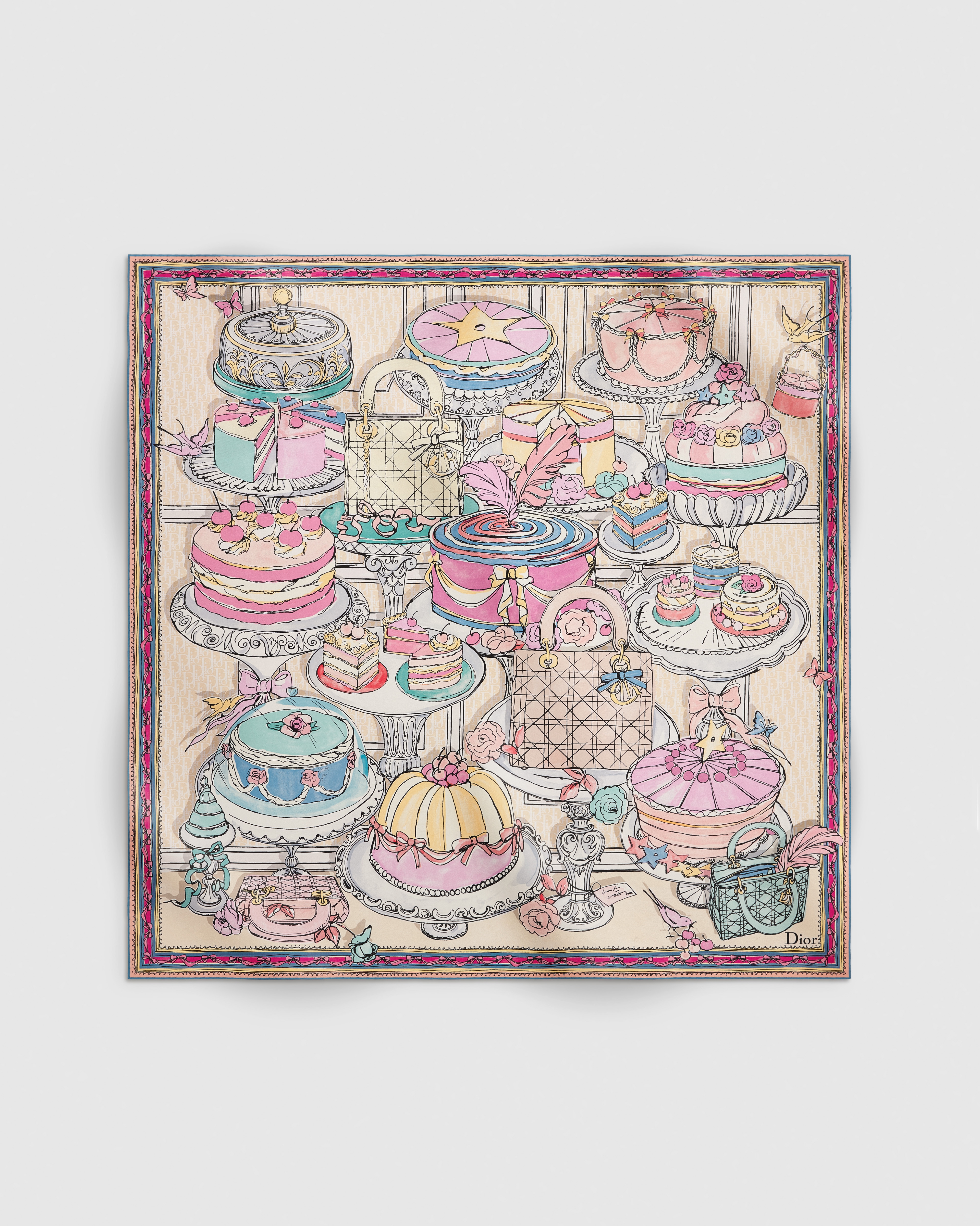 Vierkante Dior Cakes-sjaal (90 x 90 cm) Ivoorkleurige en veelkleurige zijden keperstof E01