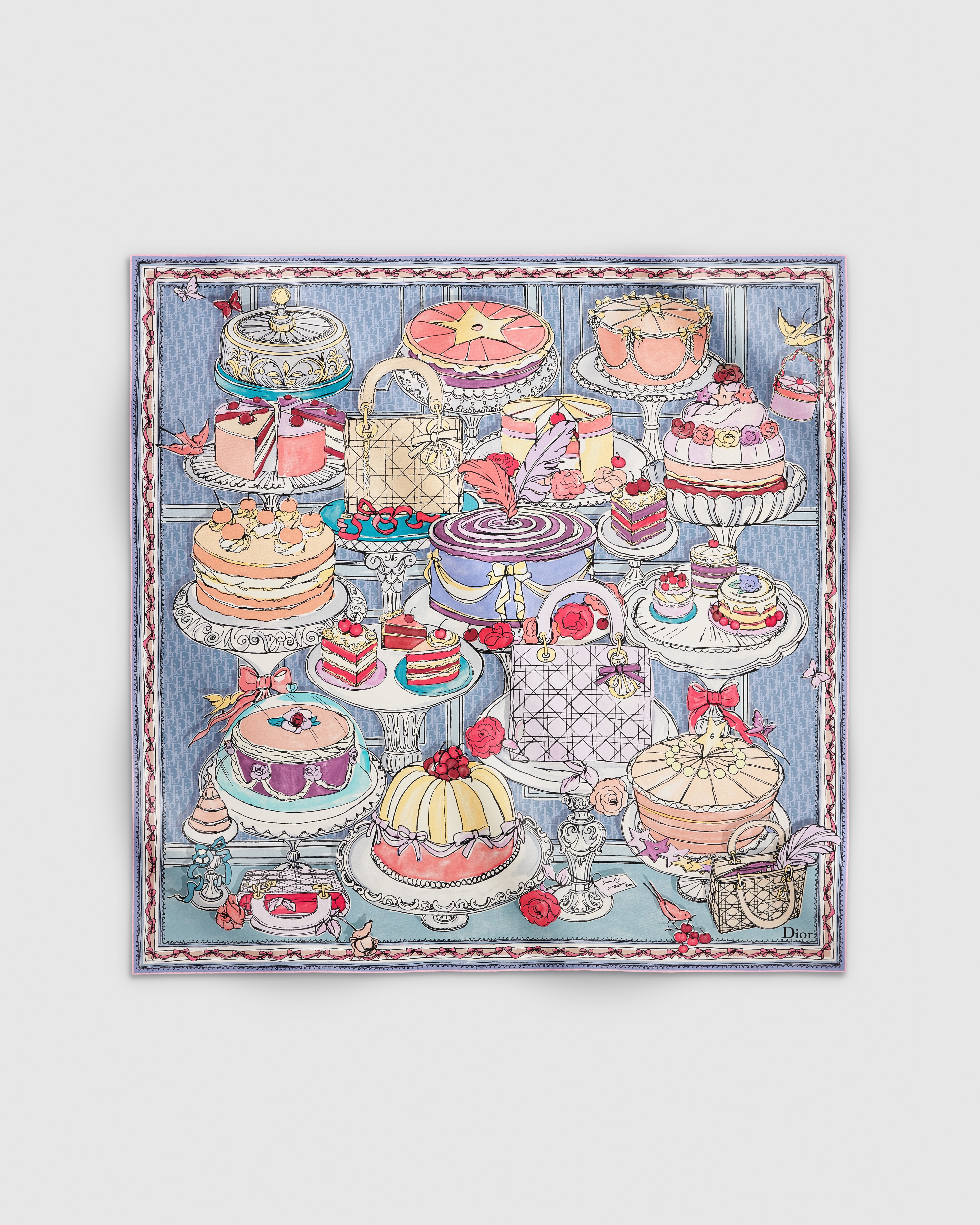 Vierkante Dior Cakes-sjaal (90 x 90 cm) Blauwe, veelkleurige zijden keperstof E01