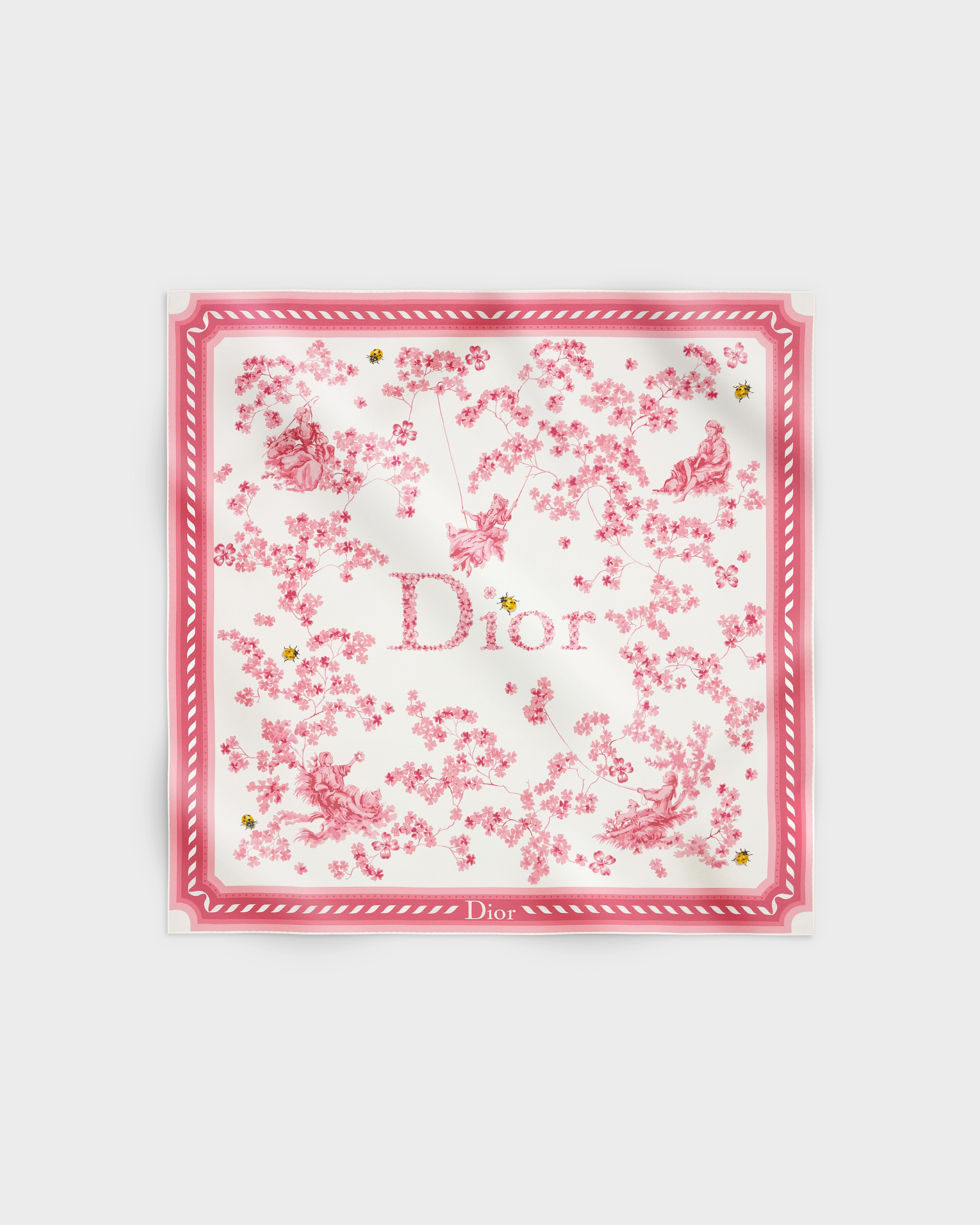 Toile de Jouy Clover 90 Square Scarf White and Pink Silk Twill E01