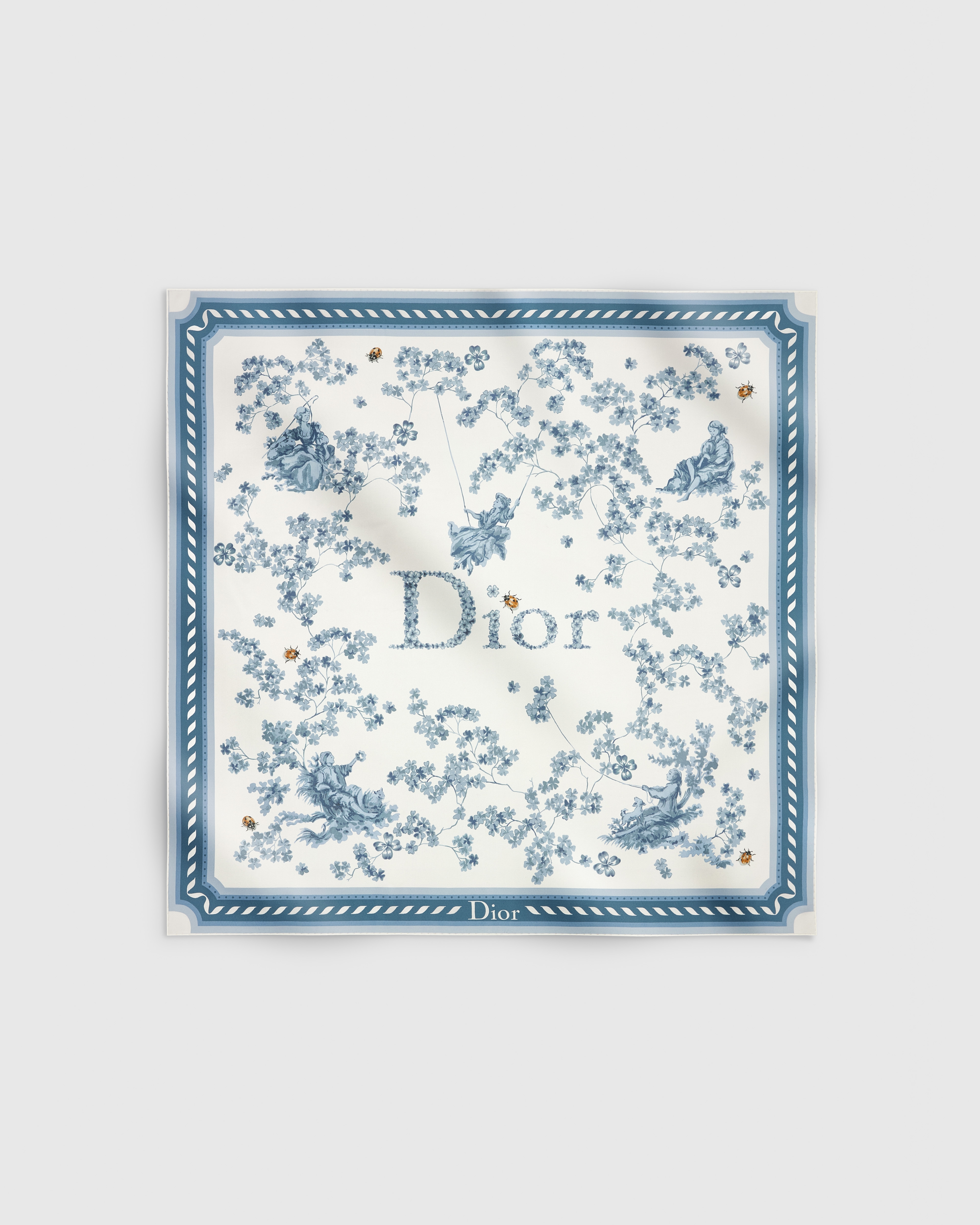 Toile de Jouy Clover 90 Square Scarf White and Blue Silk Twill E01