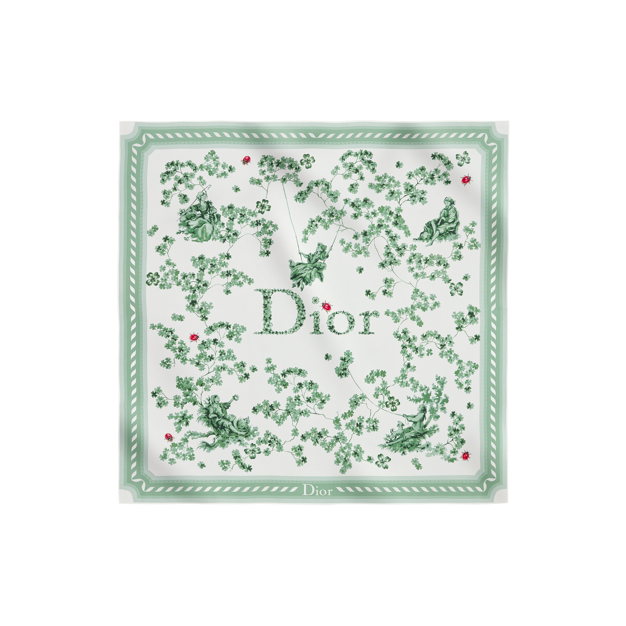 Toile de Jouy Clover 90 Square Scarf Green and White Silk Twill E01