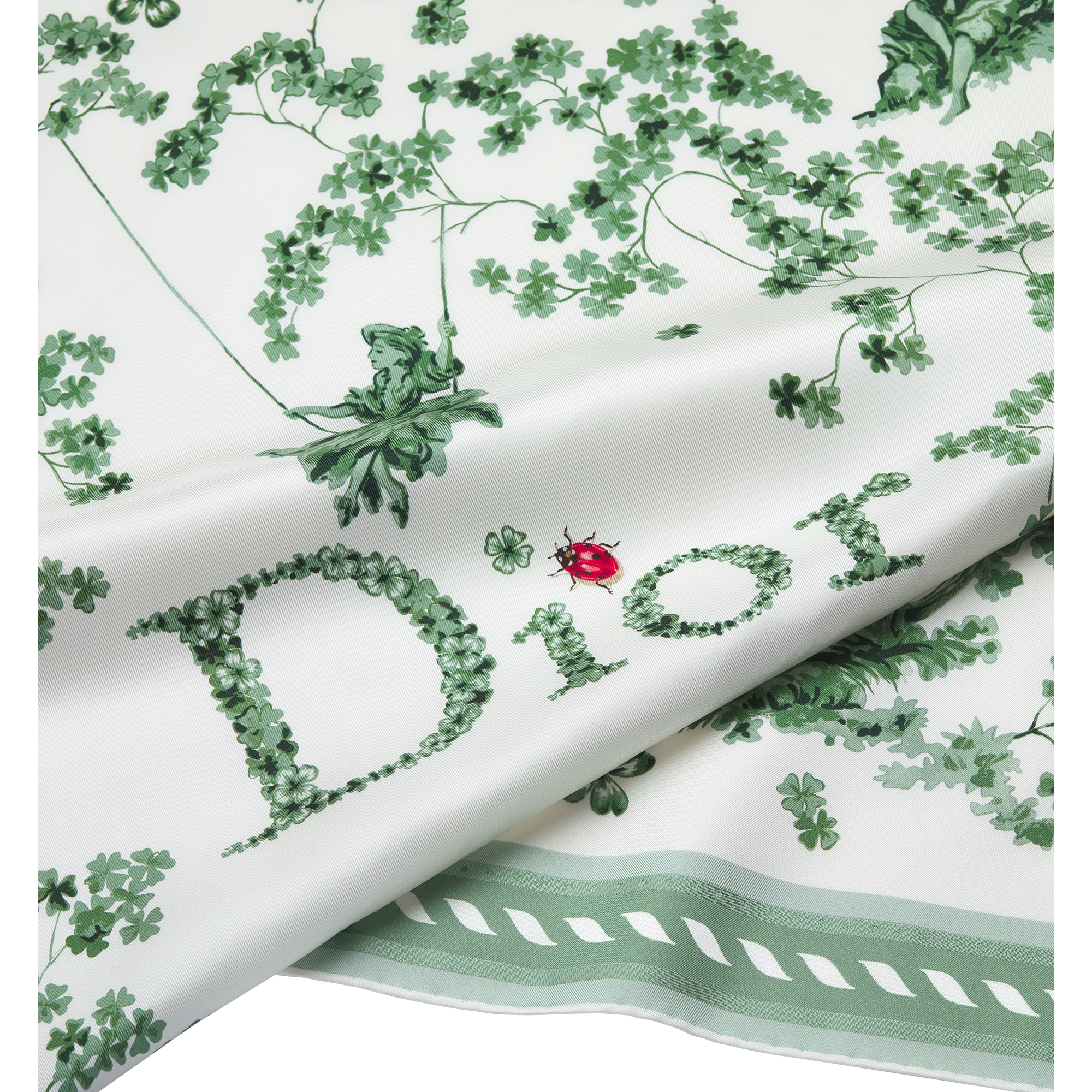 Toile de Jouy Clover 90 Square Scarf Green and White Silk Twill E09